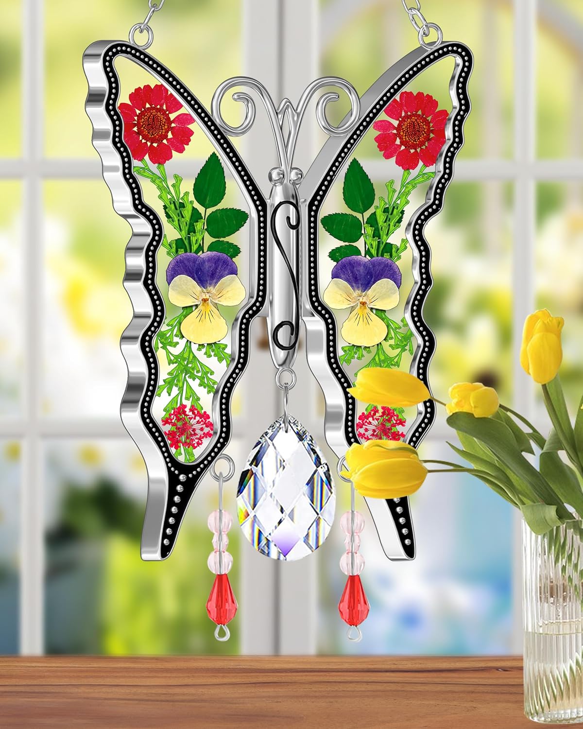 KY&BOSAM Crystal Butterfly Suncatchers Stained Glass Sun Catcher for Window Haning Wind Chime with Dried Flowers and Colorful Rainbow Prisms Charms for Mom Birthday Christmas Decor