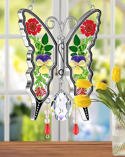 Miniatura 2 de KY&BOSAM Atrapasoles de mariposa de cristal para ventana, campanilla de viento Haning con flores secas y coloridos dijes de prismas de arco iris