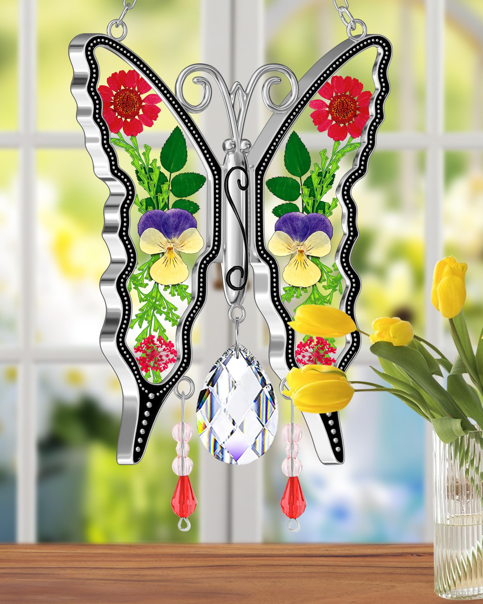 KY&BOSAM Atrapasueños de Mariposa, Regalo de Cristal para el día de la Madre, Regalo para mamá, atrapasueños de vidrieras, Adorno Colgante de Campanilla de Viento para Ventana, Regalo de mamá, día de