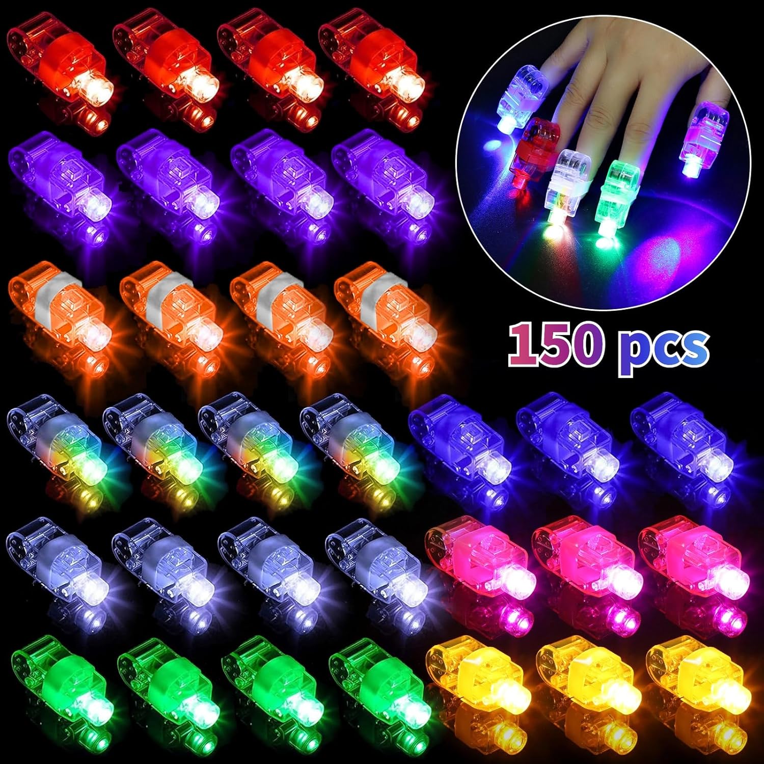150 Pcs LED Finger Lights, 9 Colors Finger Flashlights, Battery Powered Light Up Finger Ring Toys, Mini Finger Lamps, Glow in The Dark Party Supplies for Rave Concert Shows