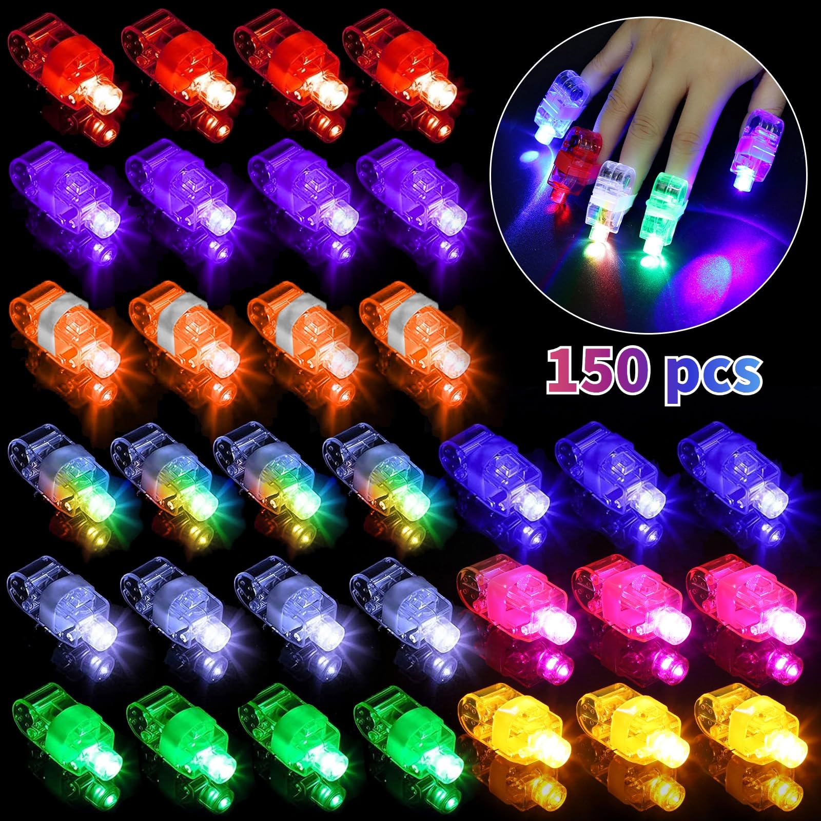 Finger-LED-Lichter, 9 Farbmodi, batteriebetriebene Mini-Fingerlampen, beleuchtetes Ringspielzeug für Glühpartys, Raves, Konzertshows, 150 Stück