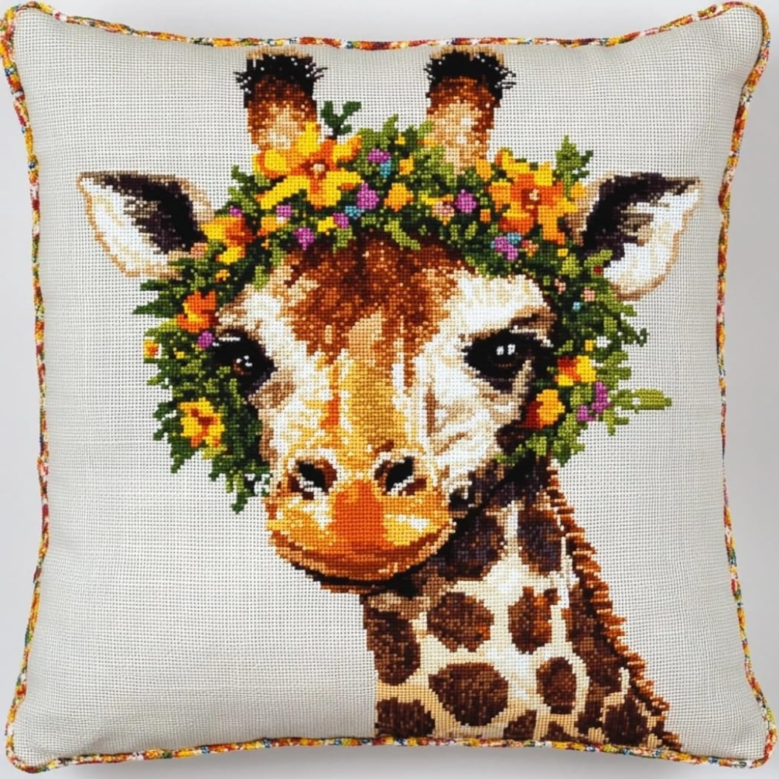 WallustrioaW Cross Stitch Cushion Kit Pillow,Giraffe Wearing a Flower Wreath DIY Embroidery Cross Stitch Cushion Kits Needlework 11ct Stitched Pillow Cover,45x45cm