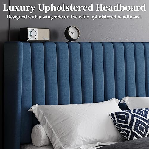 Miniatura 35 de Yaheetech - Base de cama matrimonial, plataforma tapizada con cabecera de borde ala, base de colchón de tela capitoné cuadrada, soporte de listones