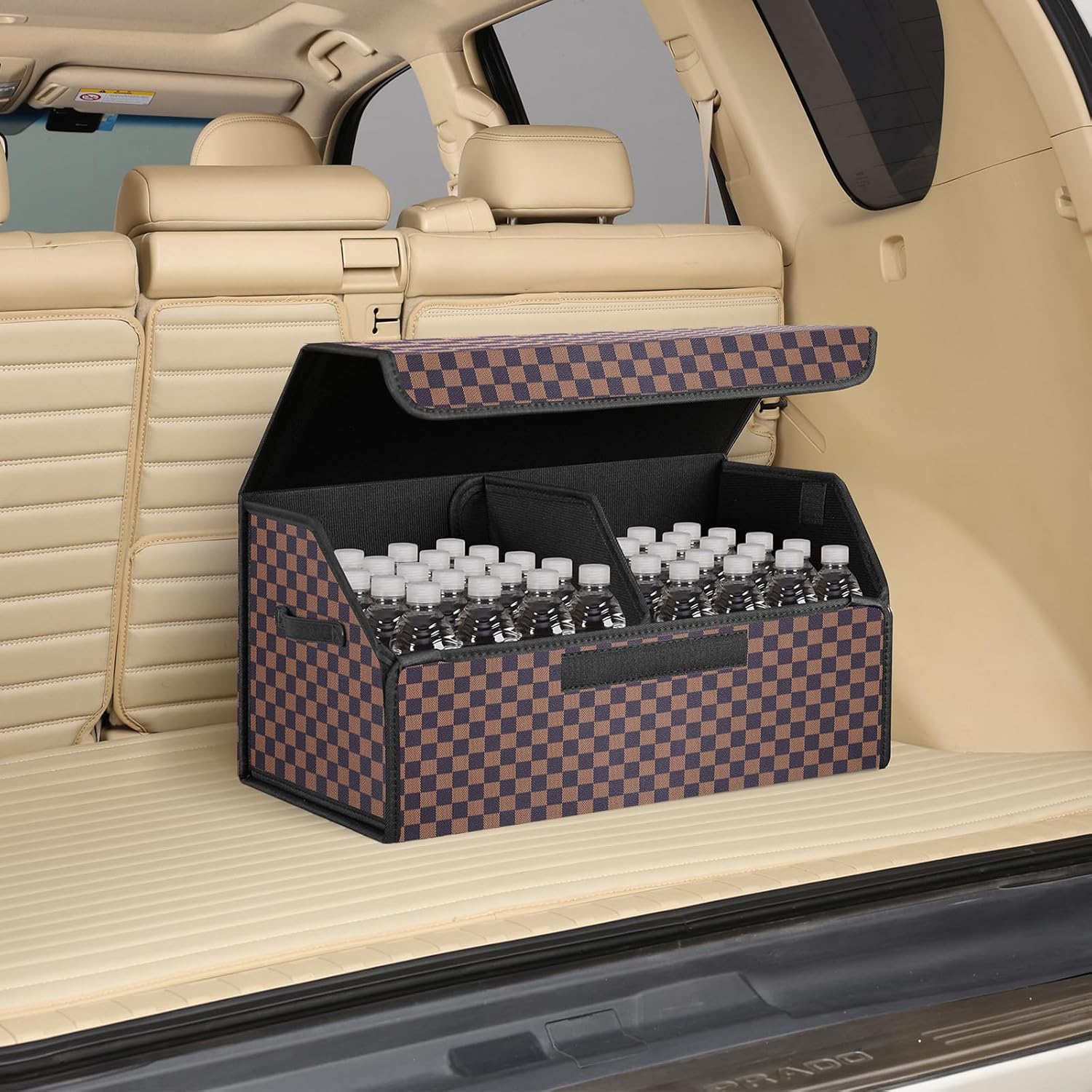 car organizers and storage for SUV,trunk organizer for sedan, leather foldable sleek box with lid,collapsible cargo bins, tool accessories containers,Chessboard pattern (Coffee grid, Medium)