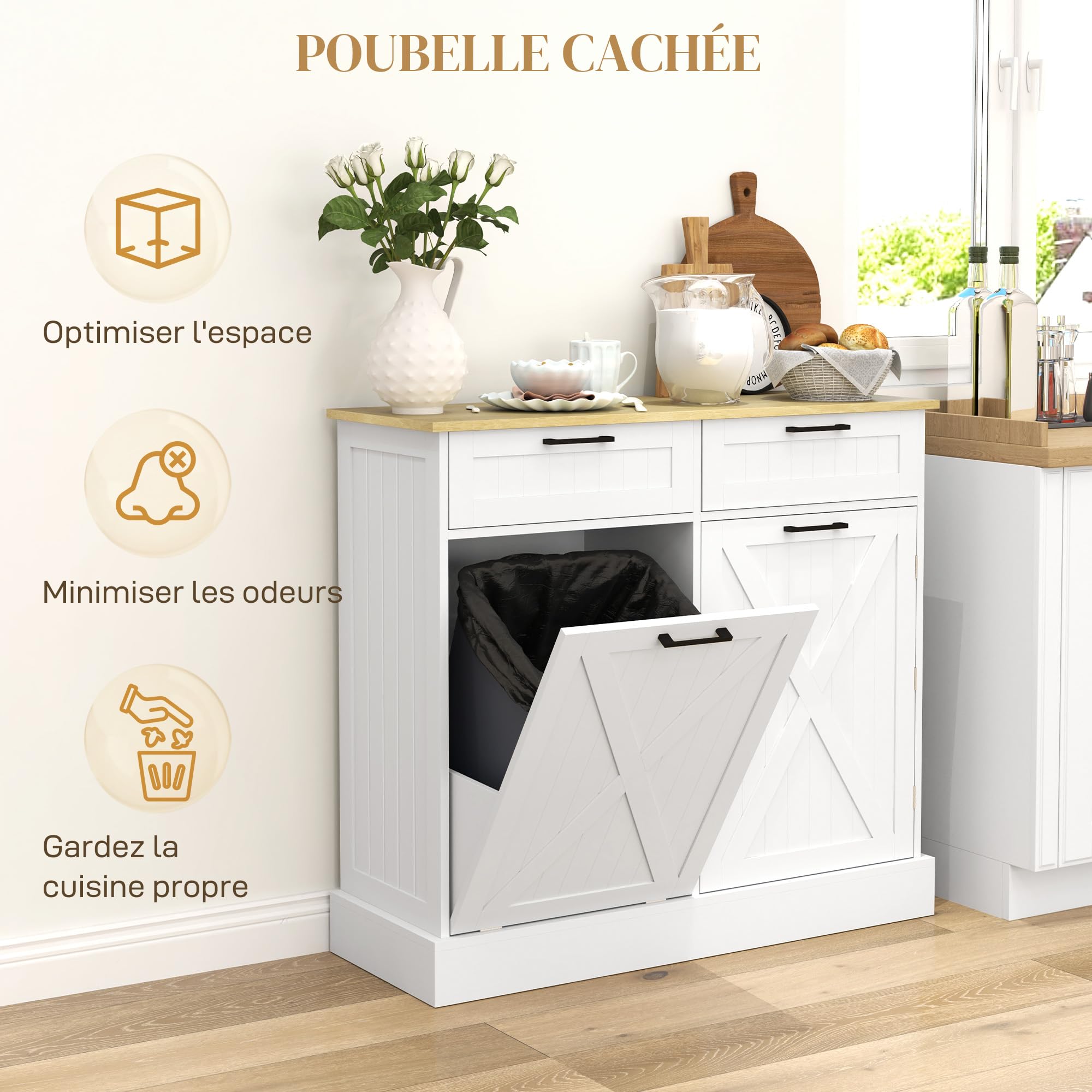 HOMCOM Buffet Cuisine avec Meuble Poubelle 38L, 100 x 36 x 90 cm, Blanc