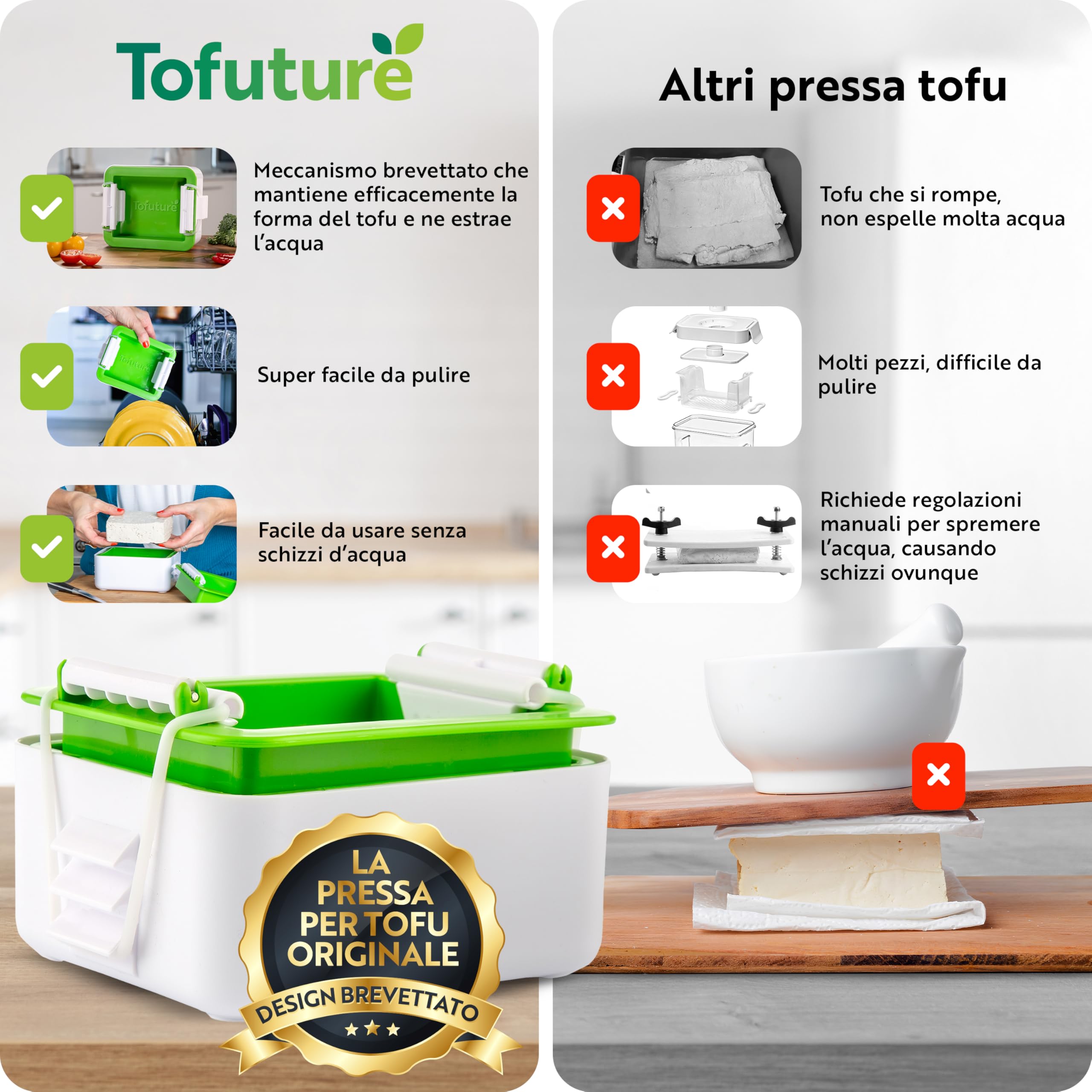 Tofuture Tofu Press – L'Originale, senza BPA, lavabile in lavastoviglie – Per un tofu più gustoso e compatto – Facile ed efficiente – Ideale per la preparazione dei pasti – 227g-400g tofu
