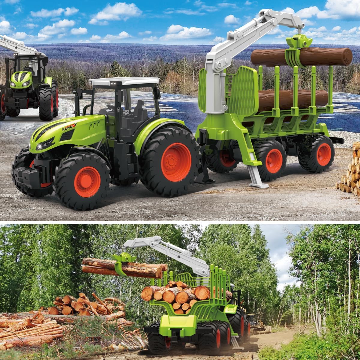 Remote Control Tractor Farm Playset 2.4Ghz Electronic RC Tractor with Trailer and Timber Truck, Farm Toys Set with Wood Grabber Multifunctional headers Farmers for Kids Age 3 4 5 6 Years Old