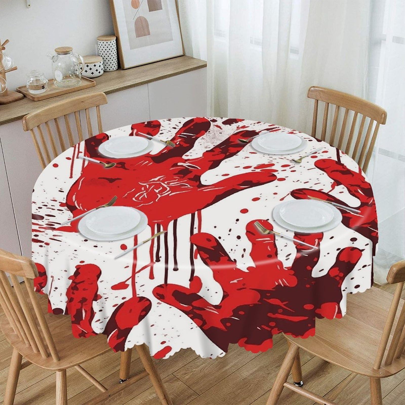 LZQPOEAS Bloody Handprints Round Tablecloth Rustic Circle Table Cloth Wrinkle Resistant Decor Tablecloth Waterproof Washable Table Cover for Kitchen Party Dining Table 60 Inch