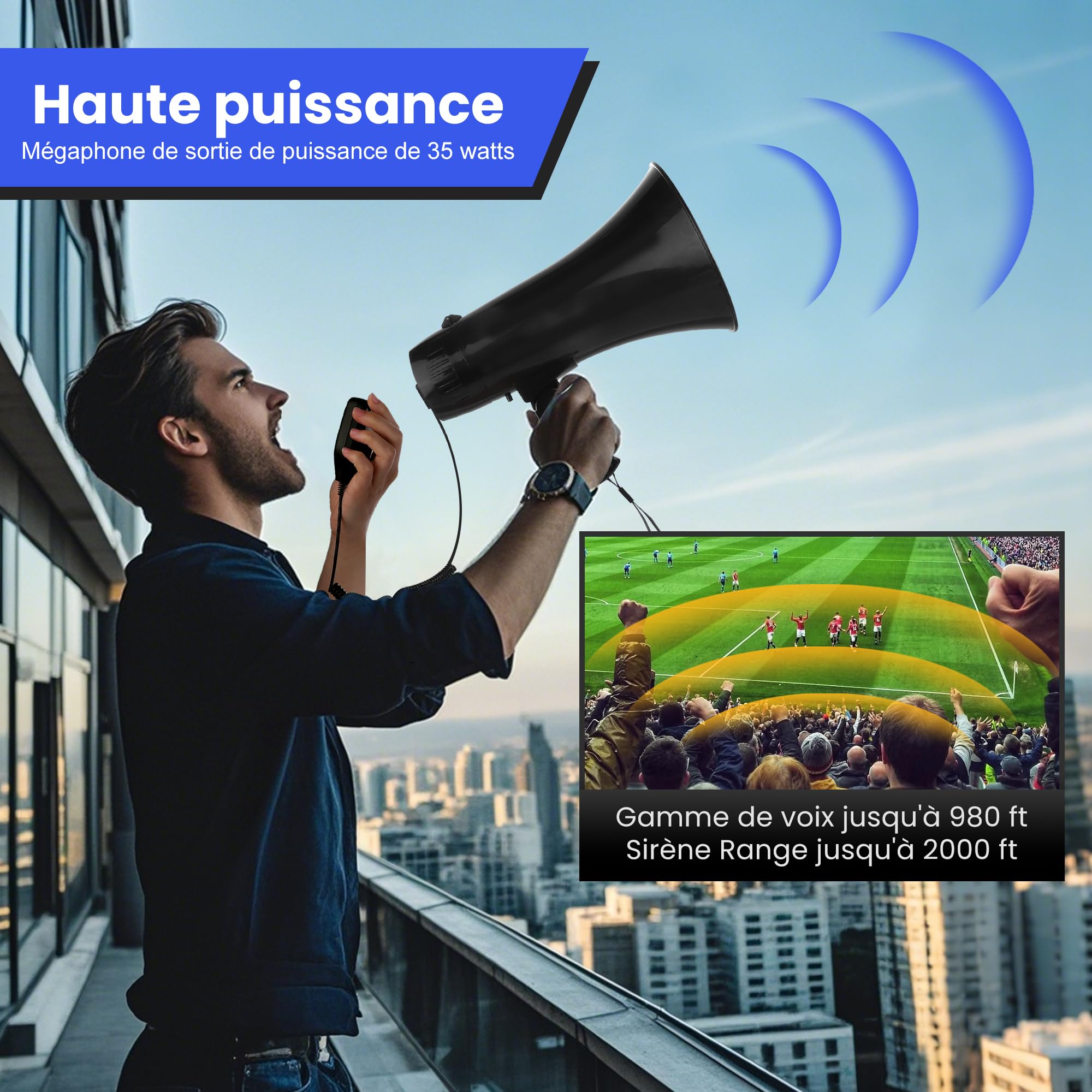 MyMealivos Mégaphone Portable de 35W avec sirène et Enregistrement de 240 Secondes, Couverture vocale jusqu'à 700 mètres