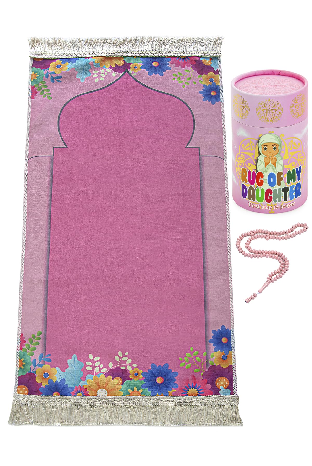Ihvan Online Kids Prayer Mat, Muslim Prayer Rug, Islamic Gifts - Soft Salah Mat Carpet for Travel, Ramadan Eid Gift - Pink Kaaba