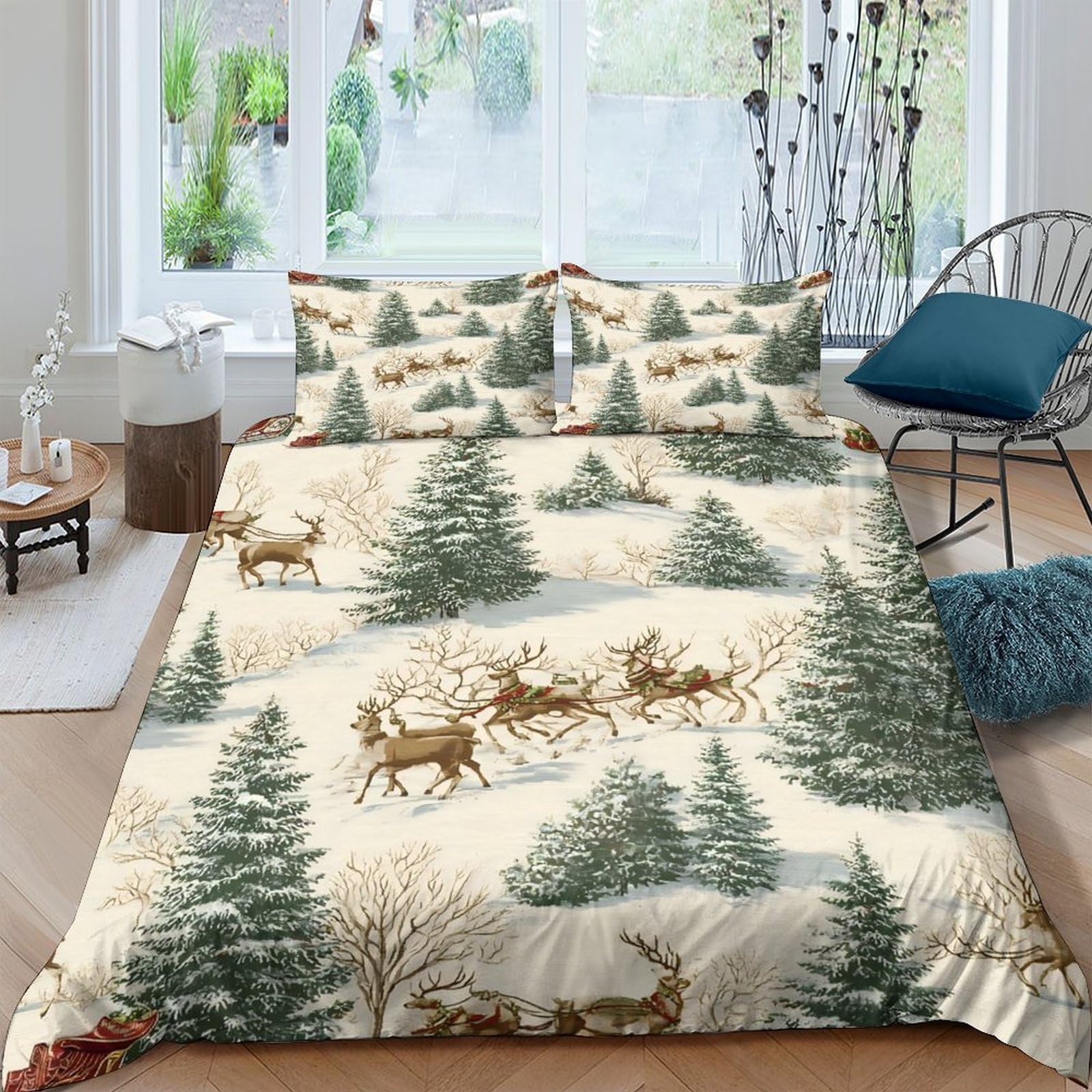 Ctjqhvkz Style-9 3D Printed Forest Reindeer Fitted Sheet Microfiber Soft Breathable Winter Pine Bed Sheet For Bedroom Guest Room Decor Single（135X200cm）