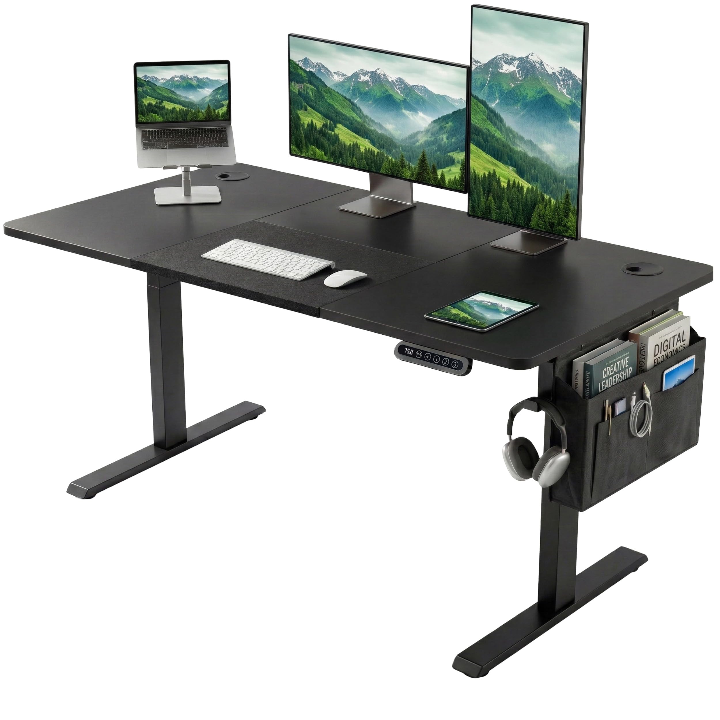 Blisswood Electric Standing Desk Height Adjustable 140 × 60cm, Sit Stand Up Computer Desk with Memory Smart Panel, Splice Board PC Gaming Metal Frame with Storage Pocket, Home Office Furniture_Black — image 1