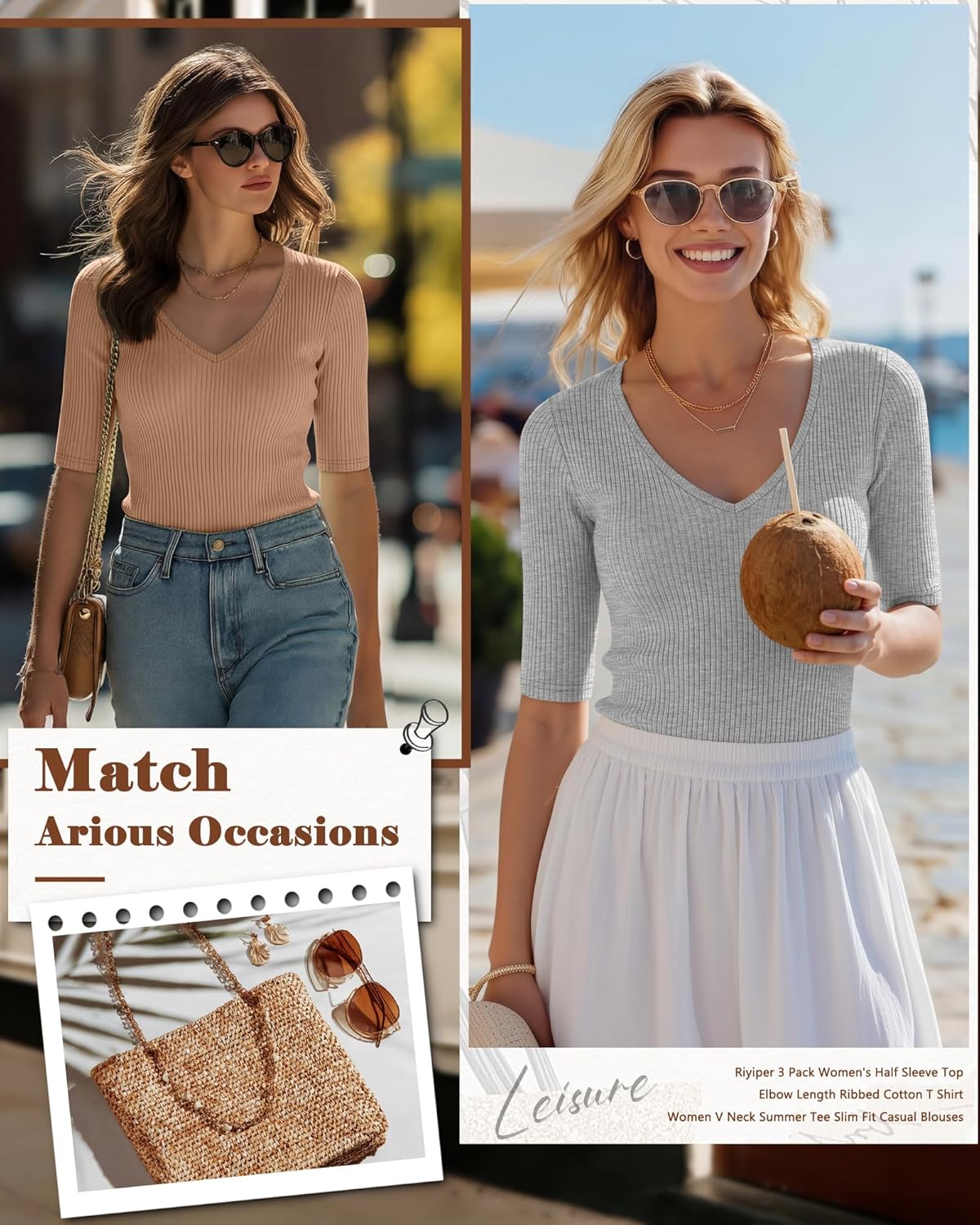 Riyiper 3 Pack Women's Half Sleeve Top Elbow Length Ribbed Cotton T Shirt Women V Neck Summer Tee Slim Fit Casual Blouses - Image 6