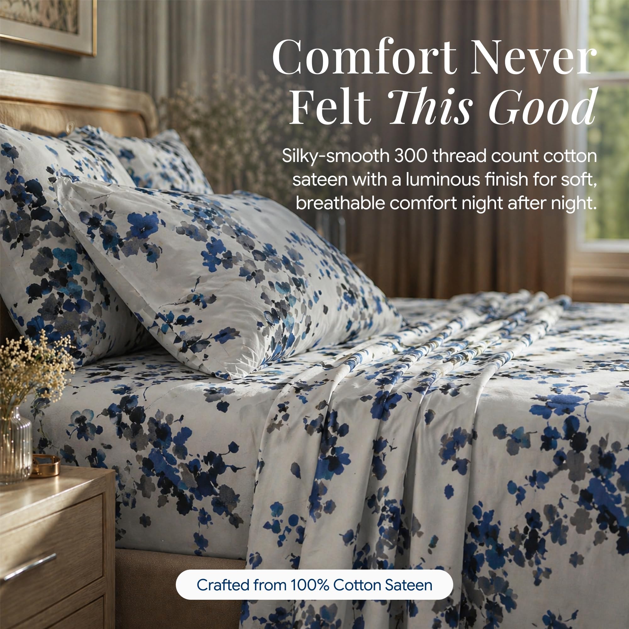 Tribeca Living Juego de sábanas Queen, satén de algodón Suave de 300 Hilos, Estampado Floral, Profundidad Extra, Juego de Ropa de Cama de 4 Unidades, Azul Lisboa/Multicolor