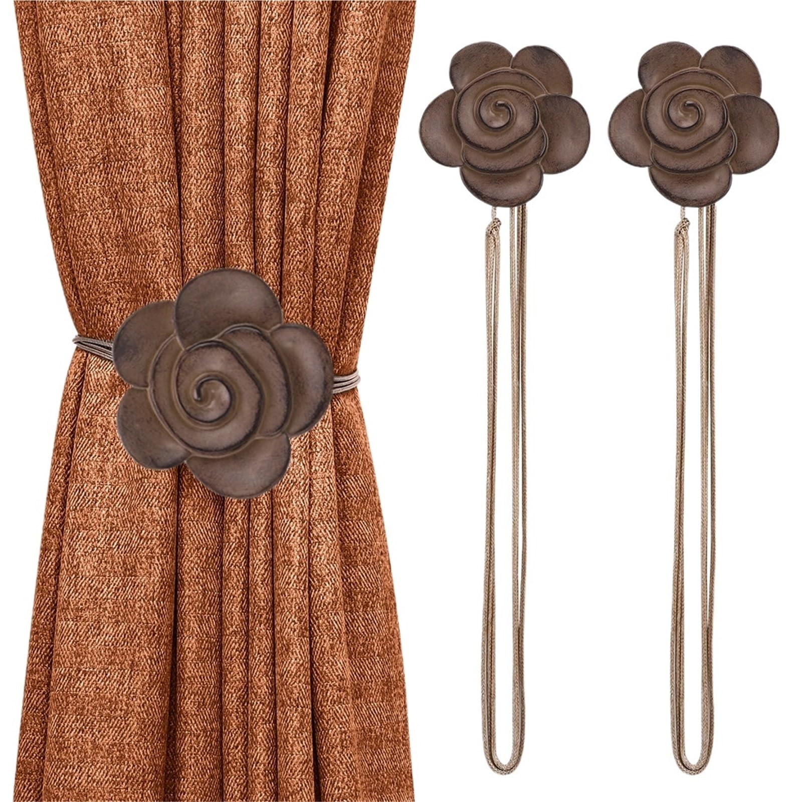 2pcs Vintage Resin Flower Magnetic Curtain Tie Backs - Elegant Drapery Holdbacks for Home Window Decor(Coffee)