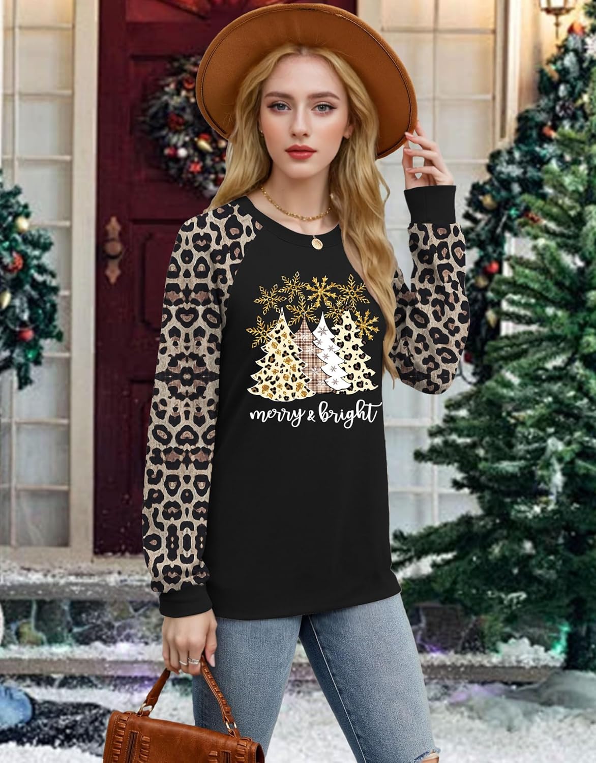 Christmas Shirts for Women Merry and Bright Shirt Christmas Tree Plaid Leopard T-Shirt Raglan Shirt Xmas Holiday Tee Top - Image 5