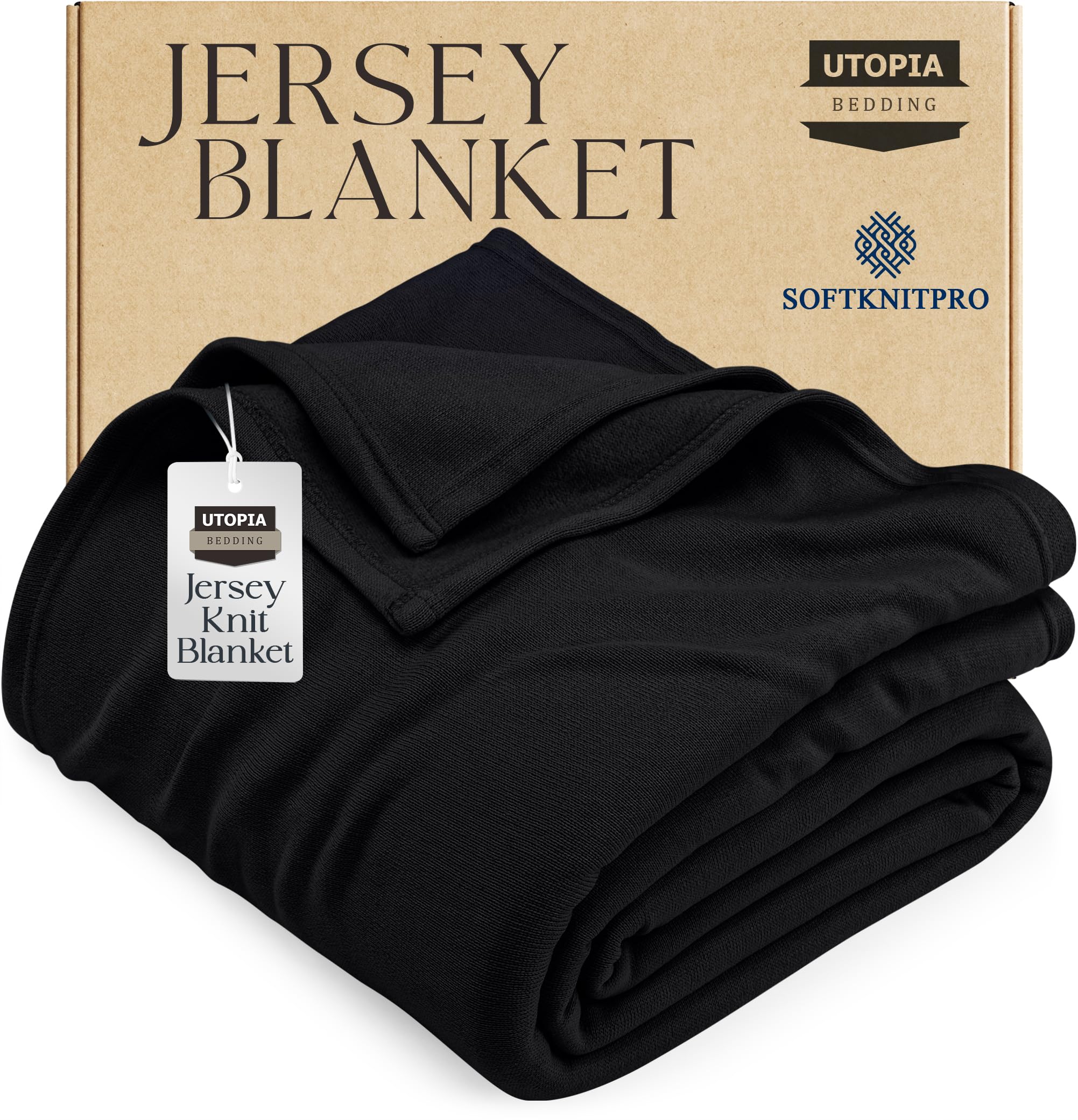 Utopia Bedding Knit Blanket Queen Size (90x90 Inches, Black) Soft Lightweight Jersey Breathable Sweatshirt Blanket for Bed,Couch & Sofa