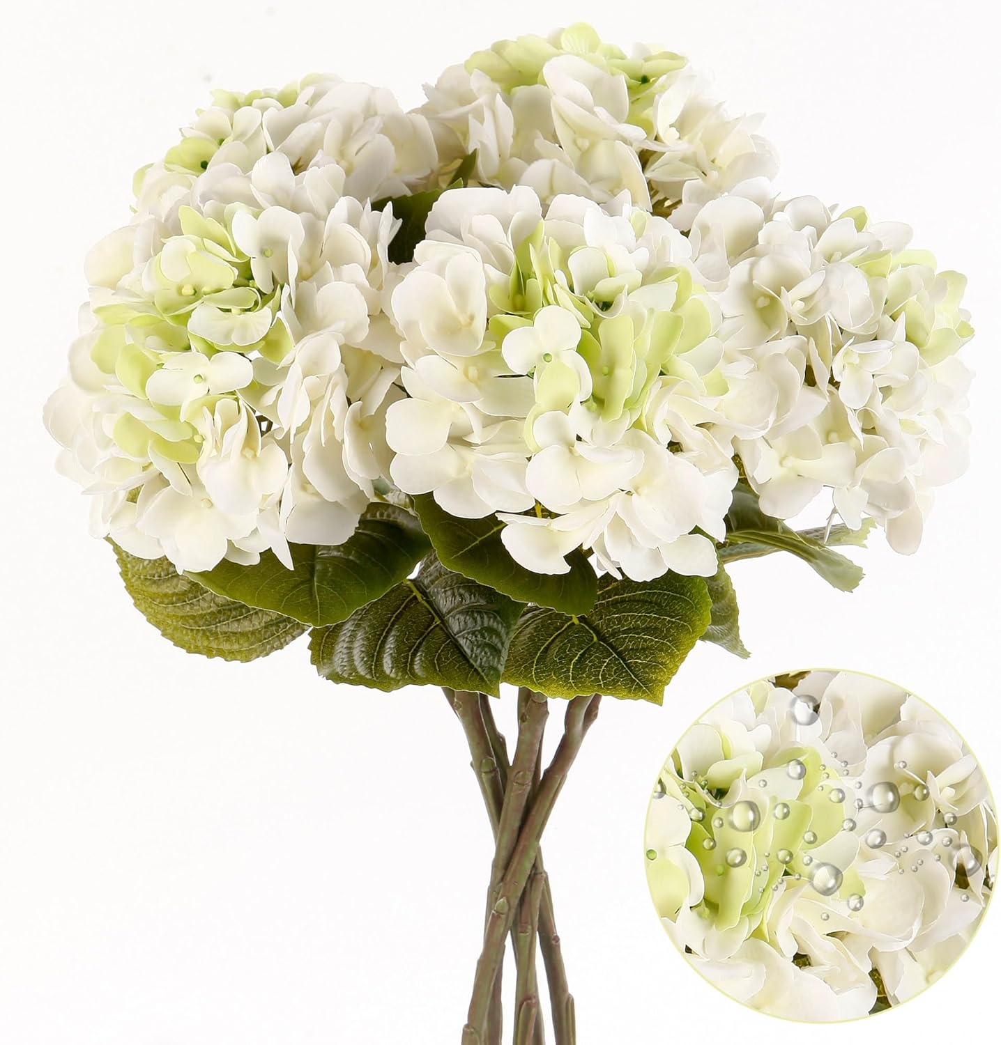 5Pcs Realistic White with Green Hydrangea Artificial Flowers with Stems 24 Inch Lifelike Faux Hydrangeas Flower Large Hydrangea for Weddings Bouquets Table Centerpieces Home Decor Party