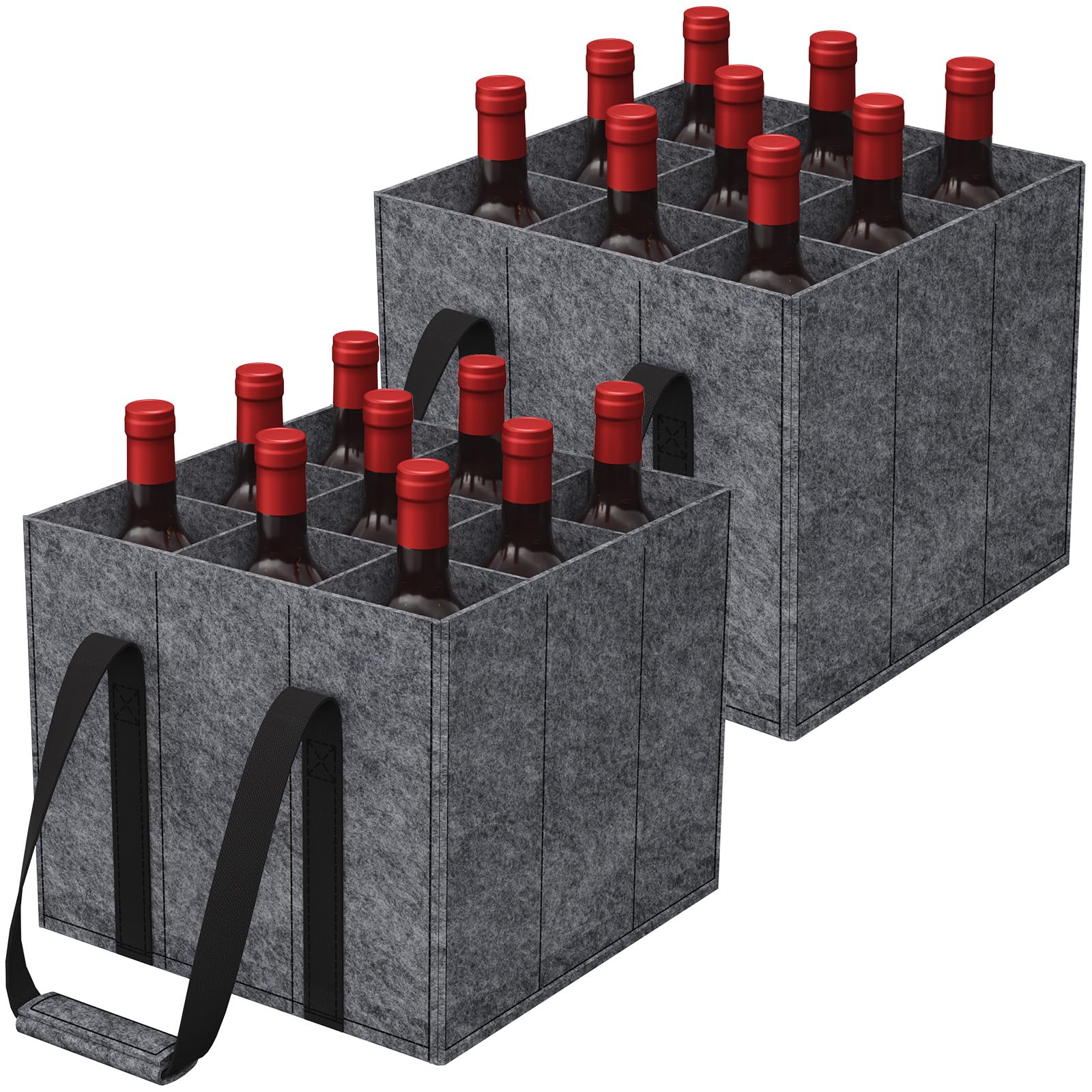 Lifewit Flaschentasche, Stabil Filz Flaschenträger mit Griff, Faltbare Flaschenkorb Wohnmobil für Wein, Getränke, Weinflaschen, Bottle, Grau, Für 9 Flaschen, 2 Stück