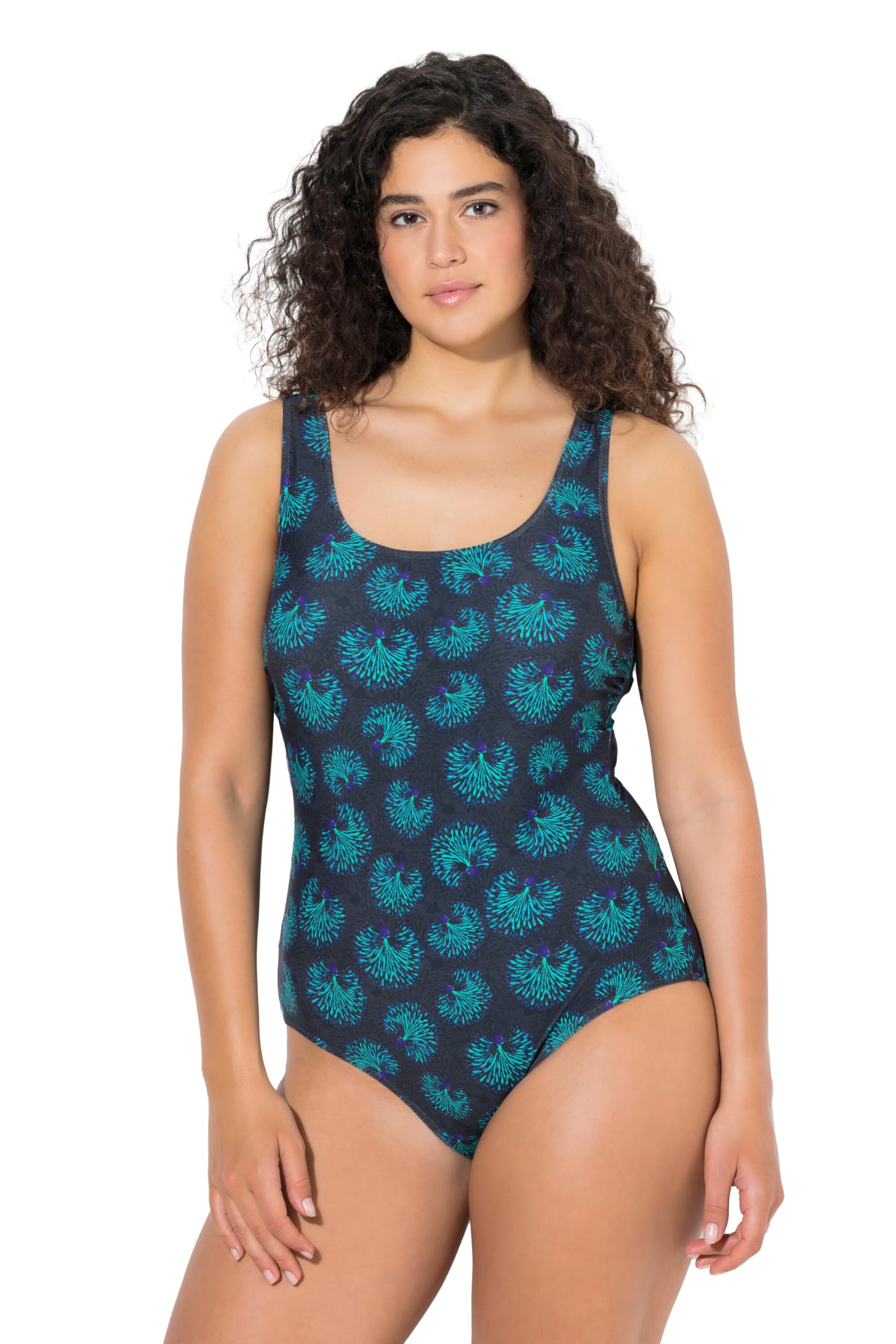 Ulla Popken Damen große Größen Übergrößen Plus Size Badeanzug, Feuerwerks-Blüten, ohne Softcups 846185