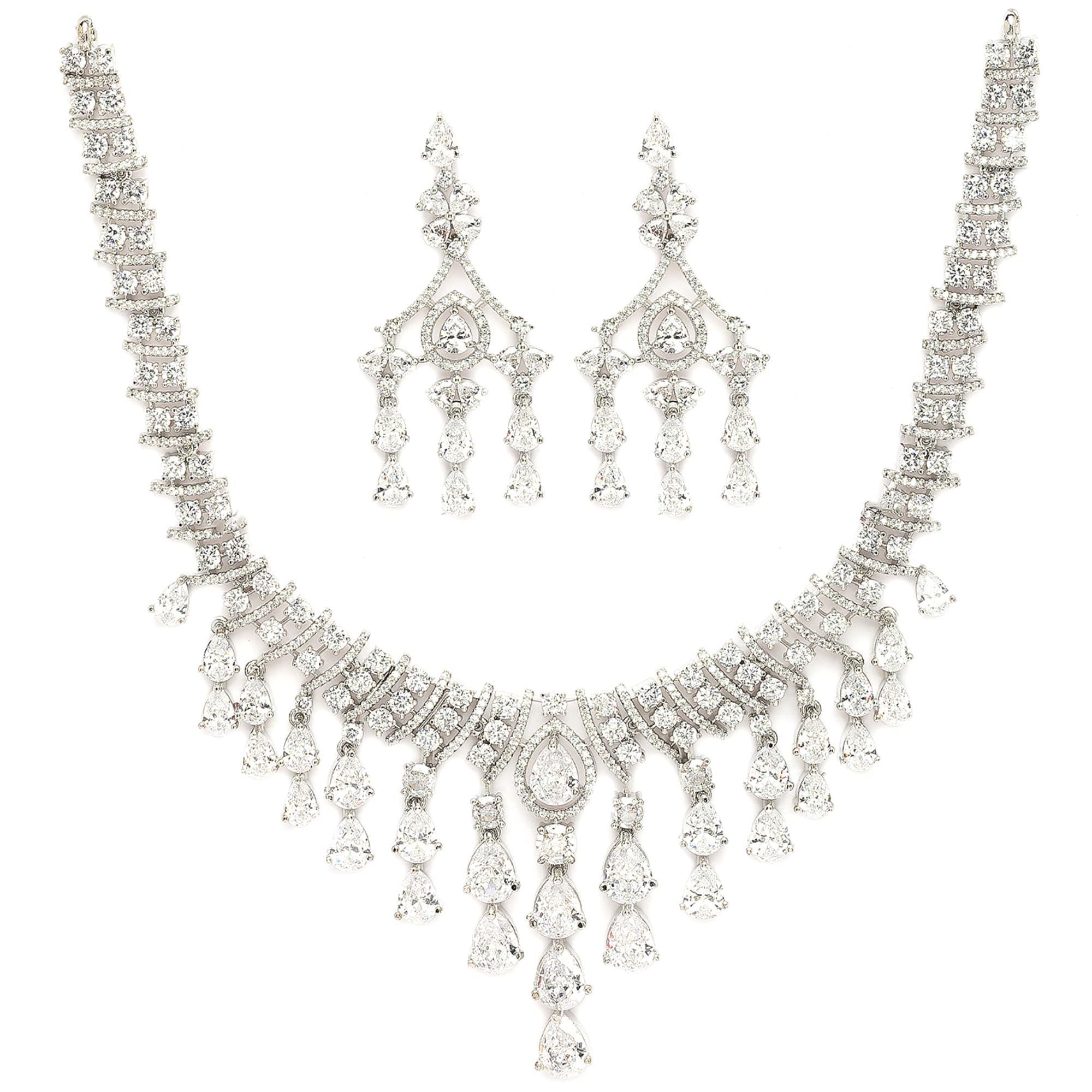 zeneme Rhodium Plated Silver Toned Sparkling American Diamond Studded Necklace With Earrings Jewellery Set For Women & Girls-picture-14
