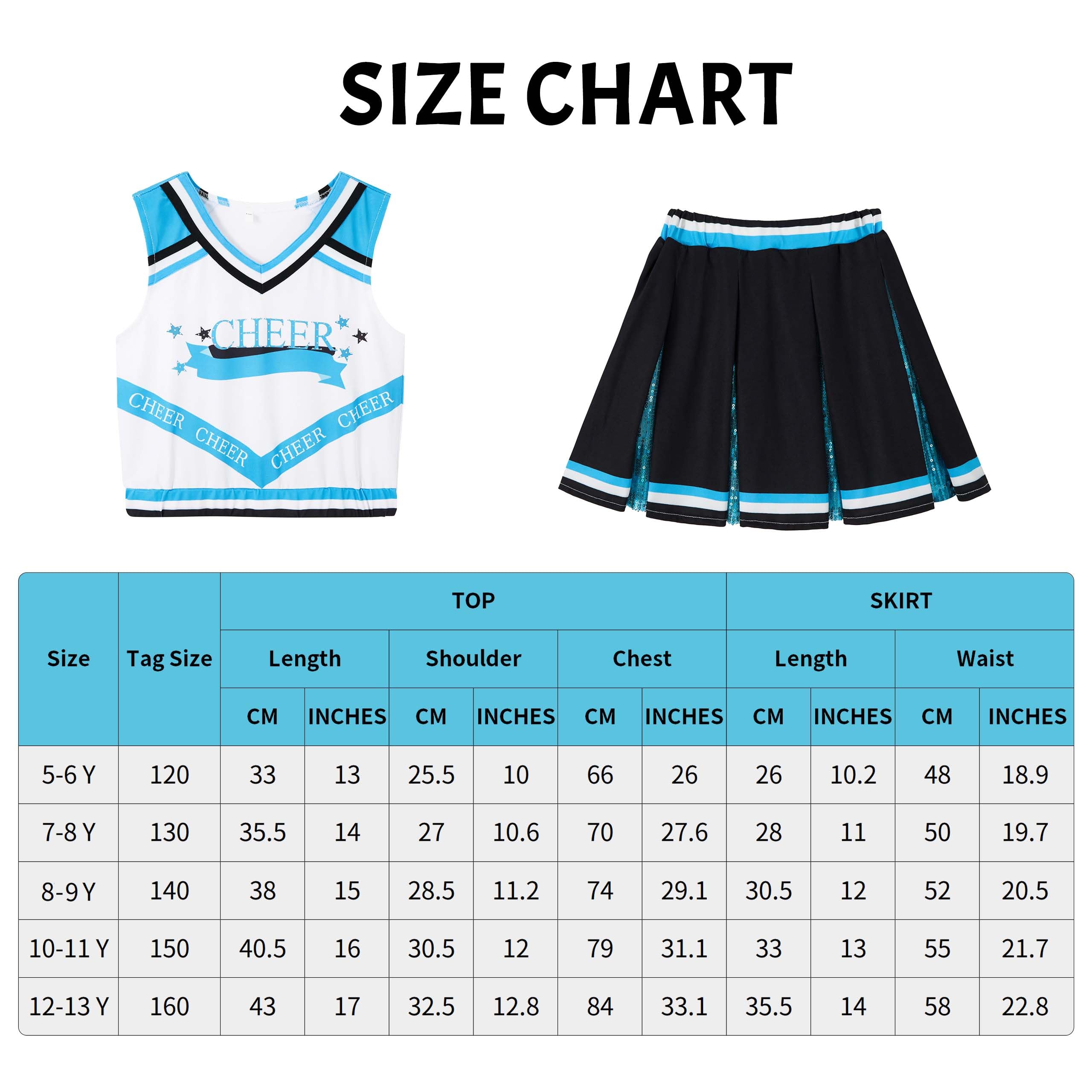 LOLANTA Costume da cheerleader per ragazze, uniforme da cheerleader per bambini con glitter per Halloween | 5 abiti da cheerleader glitterati con calzini e pompon, per Halloween, cosplay, feste in maschera, Natale, 4-15 anni