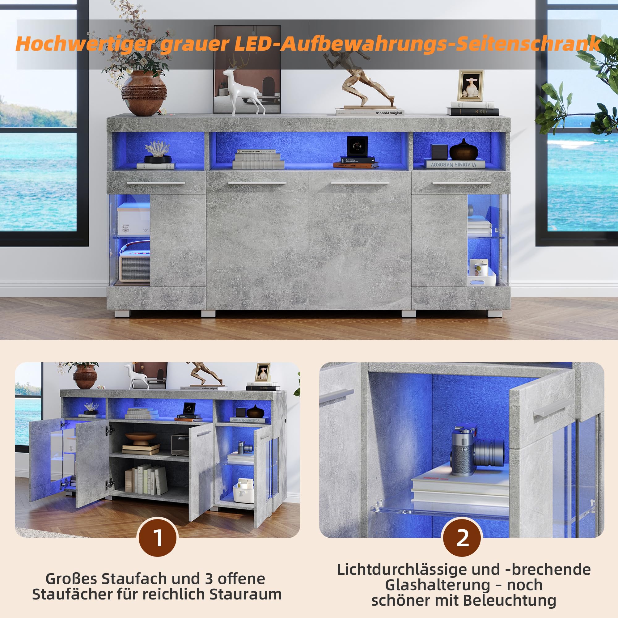 Sideboard Wohnzimmer, Sideboard 140cm breit, Kommode Flur mit LED Beleuchtung aus Gehärtetem Glas, 140x40x70cm, Grau