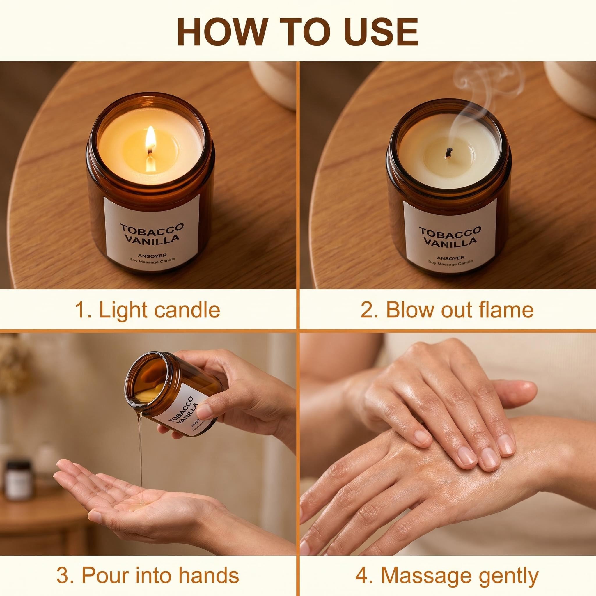 Pack de 4 Velas de Masaje para Aceites y Cremas Corporales - 512g en Caja Regalo (Ámbar Vainilla+ Coco+ Madera de teca de cedro+ Manzanilla Lavanda)