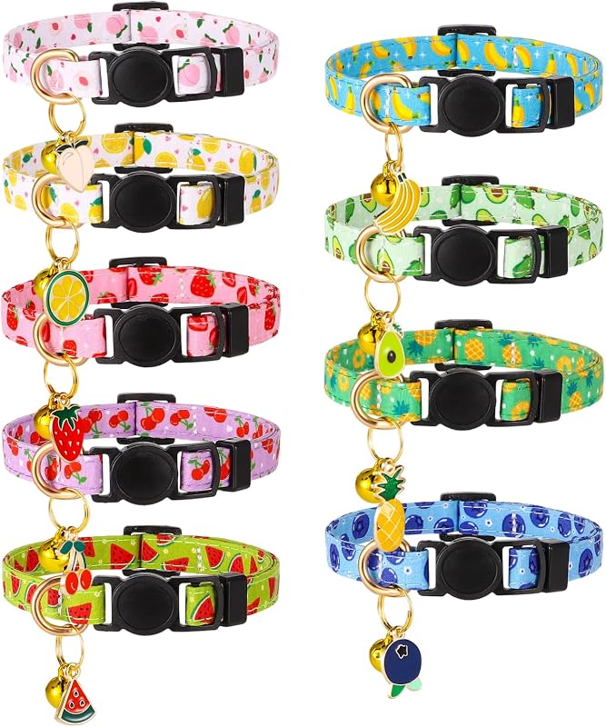 Coleira Ajustável para Gatos com Fivela Breakaway, Guizos e Pingentes de Frutas Guiqulai, Pacote com 9