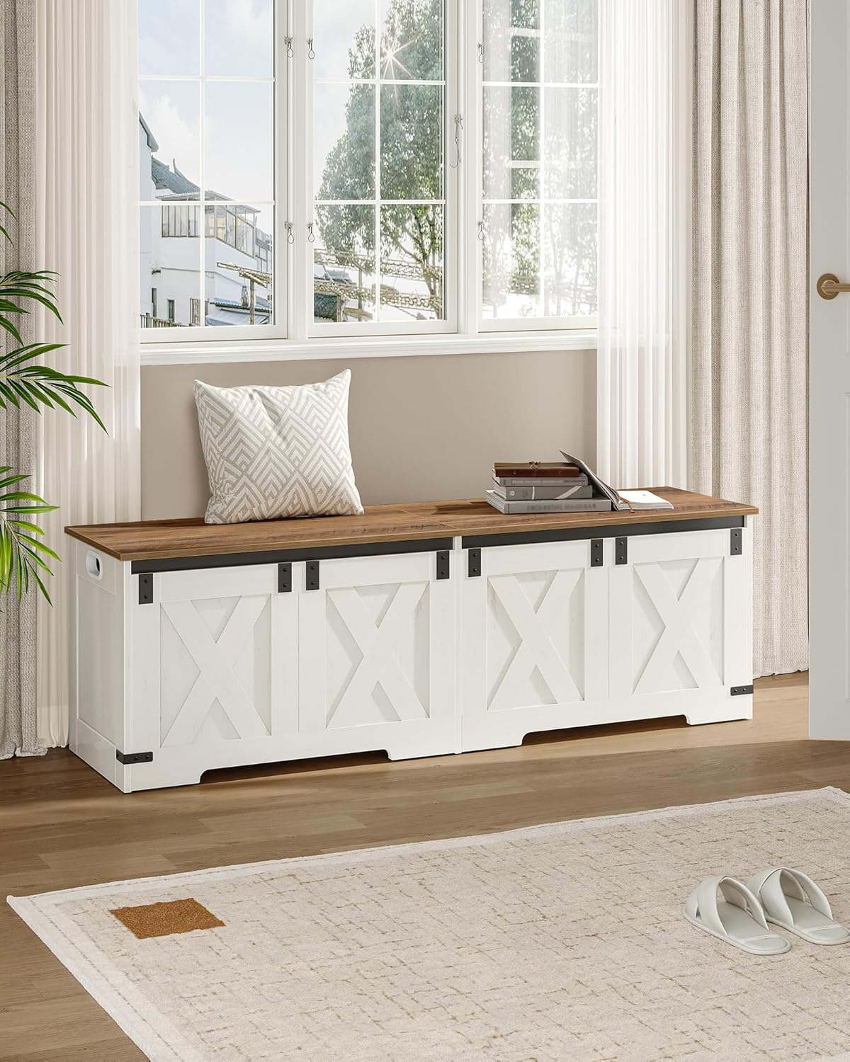 Hzuaneri 59" Storage Chest, Large Storage Trunk with 2 Hinges, Farmhouse Wooden Box Bench, Lift-Top Organizer Chest, Entryway Trunk for Bedroom, Living Room, White and Brown SB15014X