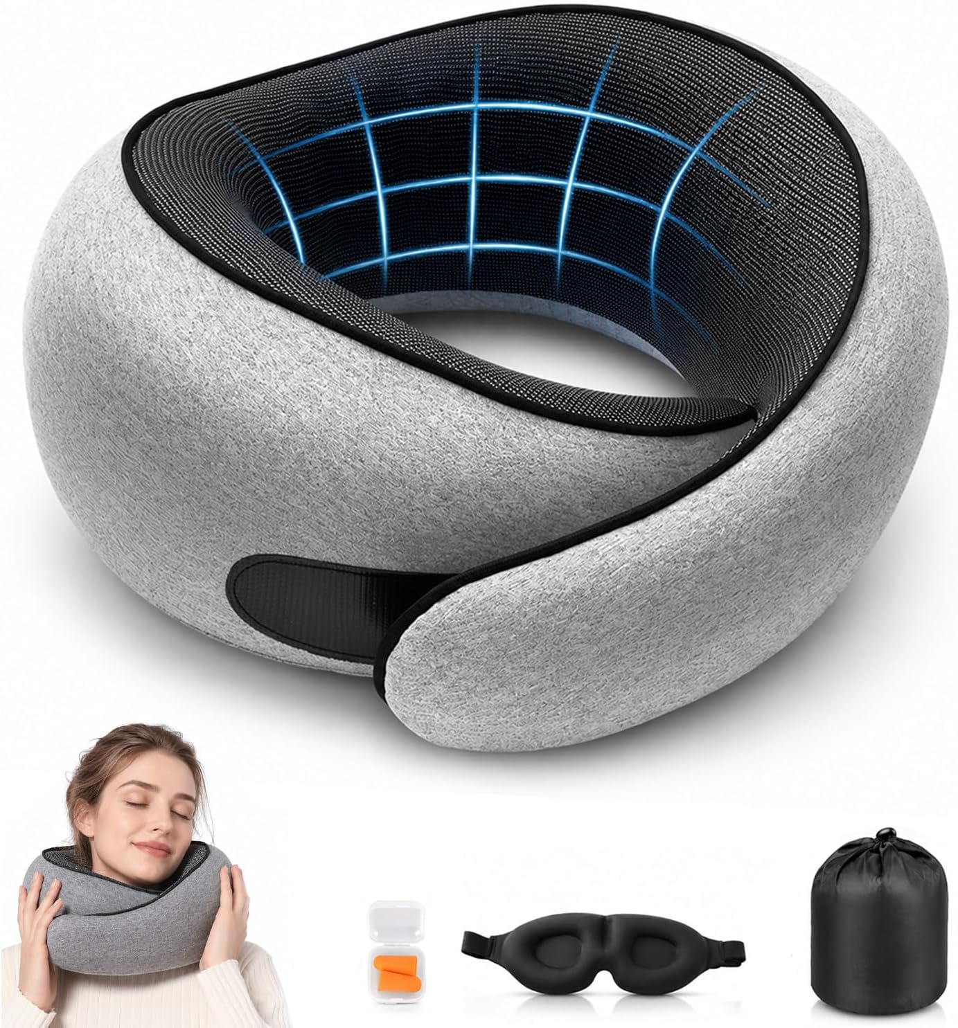 Travel Neck Pillow, Pure Memory Foam Ergonomic 360° Neck Support Gray | Breathable Removable Soft Cover, Portable Design for Airplane, Car, Train,Office, Sleeping Aid for Long Flights, Travel Gift.