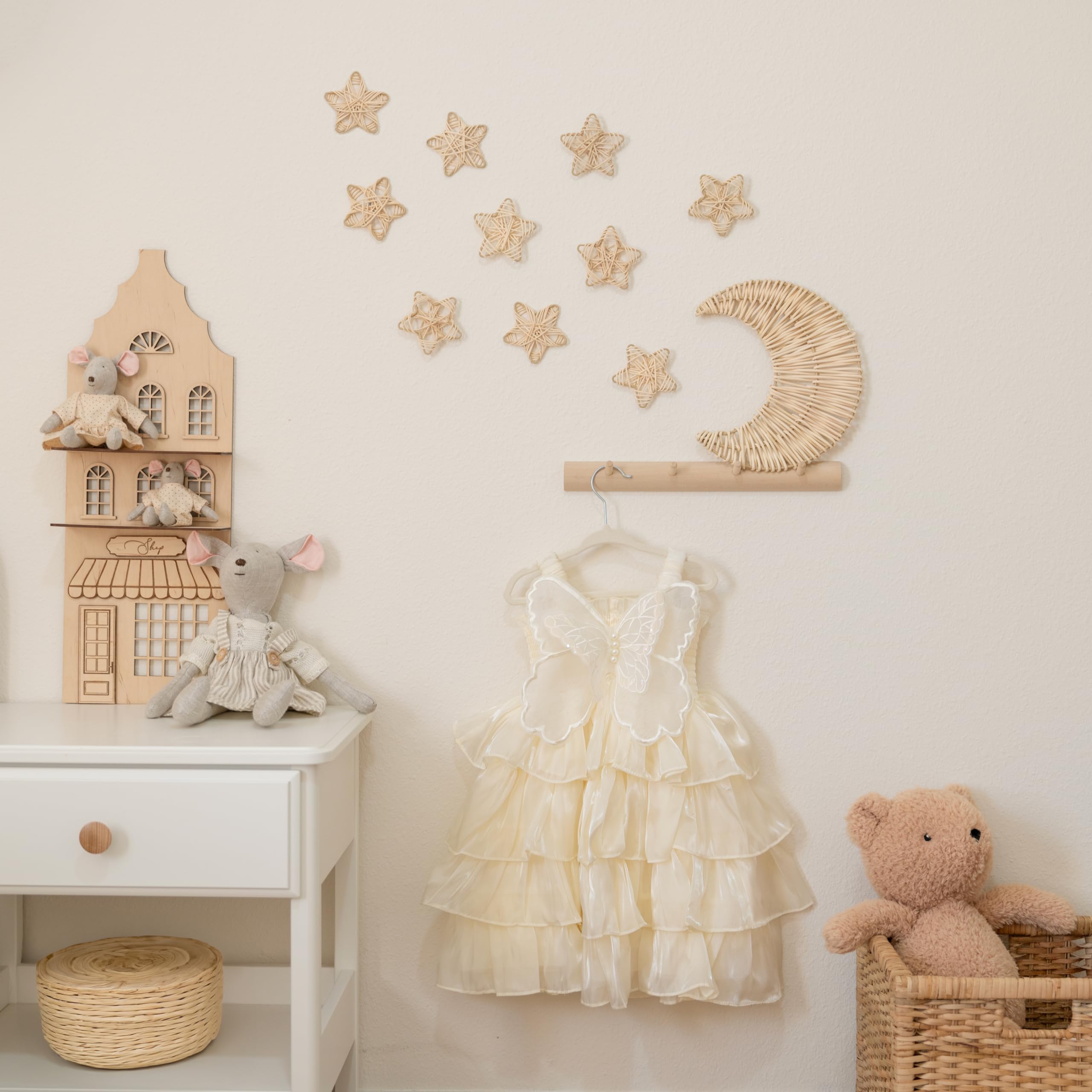 WAIKUA Lot de 10 étoiles en rotin - Décoration murale bohème faite à la main pour chambre d'enfant, chambre de bébé et salon - Décoration murale naturelle en rotin non traité, 25 cm