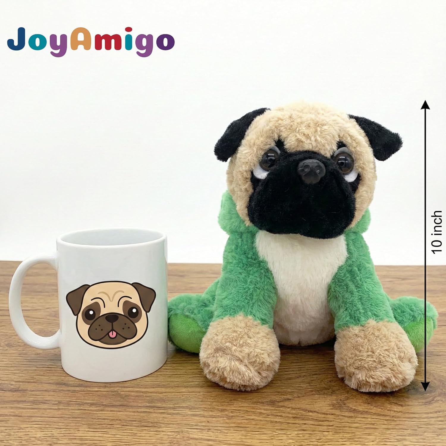 Frog Pug Stuffed Animal 10 Inch, Soft Plush Dog Toy with Adjustable Hood, Ugly Cute Puppy Figure for Kids Girls Boys, Green Froggy Bedtime Companion & Birthday Gifts for Pug Lovers