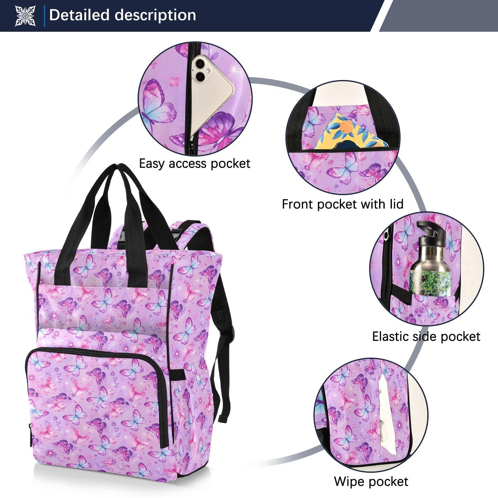 Mnsruu Mochila para pañales de bebé, diseño de flores de mariposa, bolsa grande, impermeable, bolsa de pañales de viaje para mamás y papás