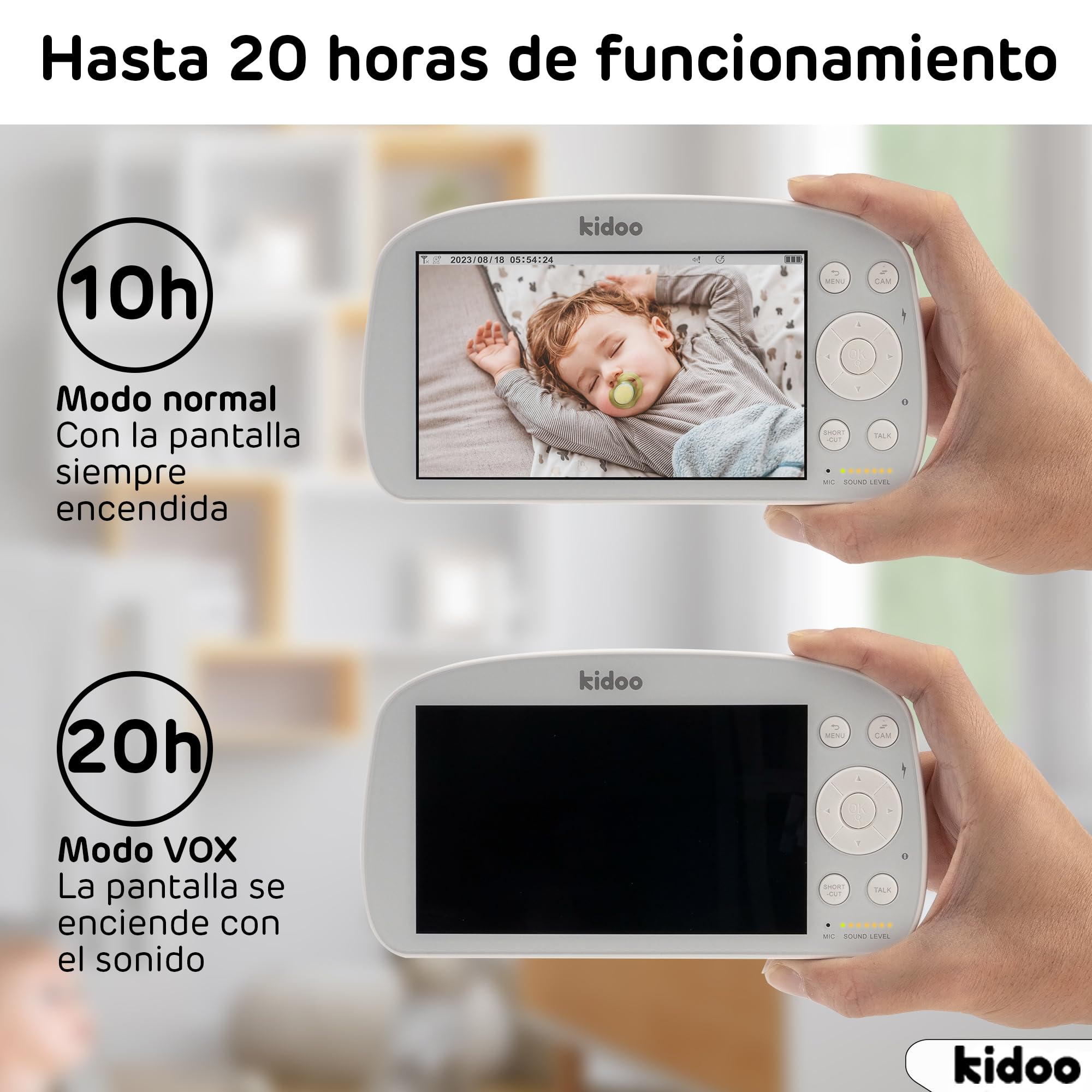 kidoo - Vigilabebés con Cámara y Audio, Monitor con Pantalla 720p HD de 5.5", Inteligencia VOX, Zoom x4, Visión Nocturna, Comunicación Bidireccional, Sensor de Temperatura y Alarma de Alimentación