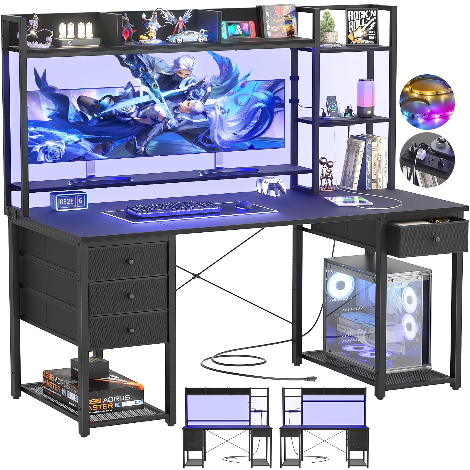 Aheaplus Desk with LED and Outlets, Gaming Desk with Hutch, 55.2'' Computer Desk with Drawers, Reversible Office Desk with Storage Bookshelf Large Workstation Desk with Shelf, Desk for Home, Black
