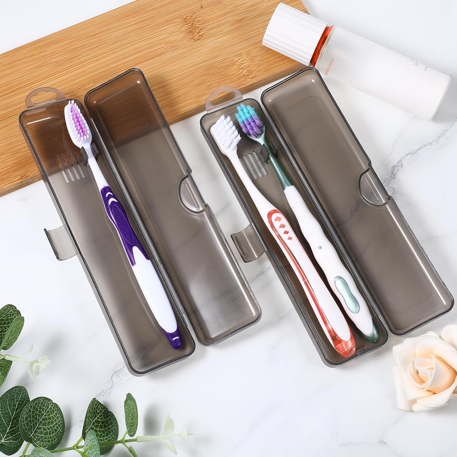 2 Pacotes de Estojo para Escova de Dente 21x12x6cm Plástico Transparente Preto Holder de Viagem Compacto e Portátil - Imagem 4