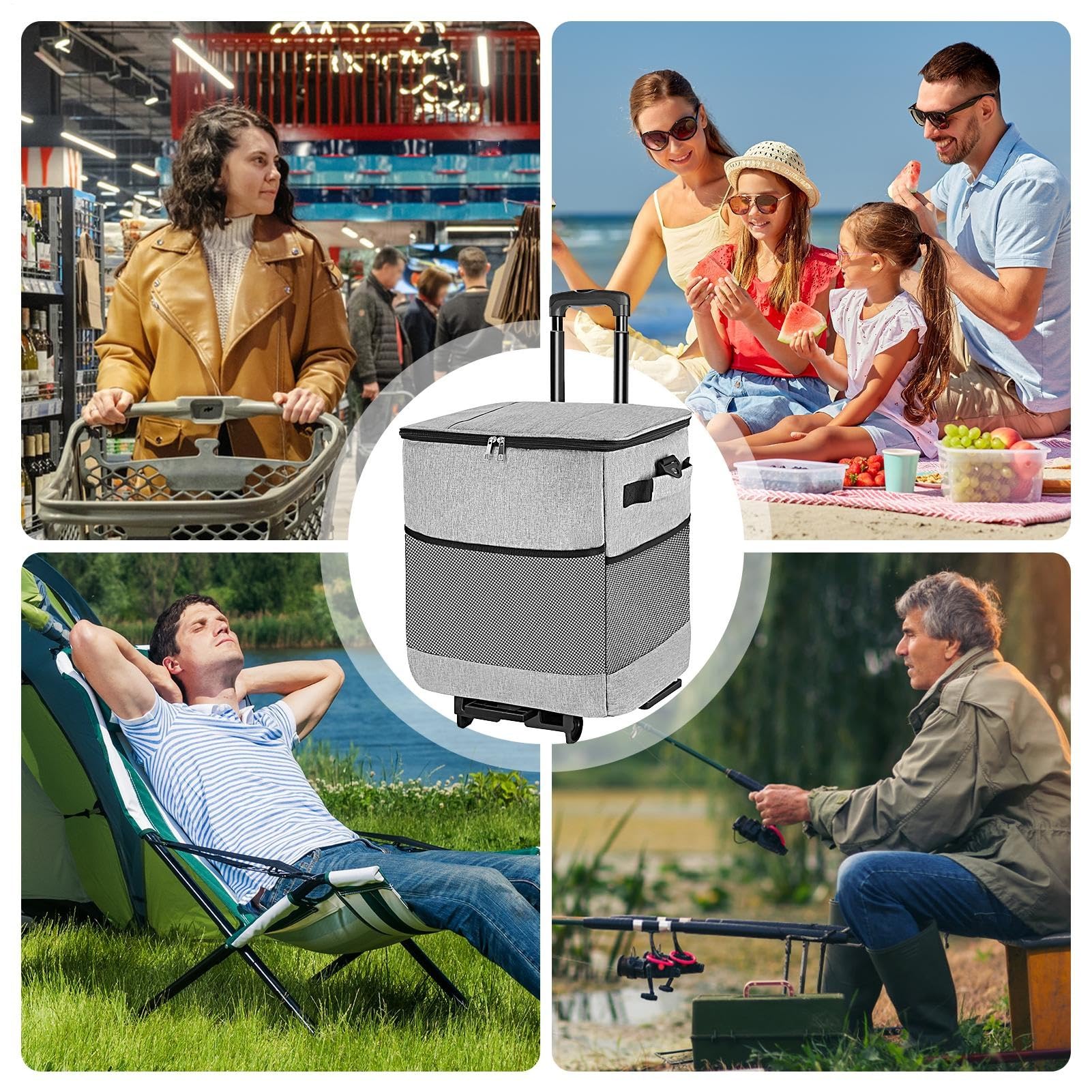 Scatola termica con ruote e manico, borsa termica isolata con ruote, contenitore per il pranzo riutilizzabile con carrello impermeabile per campeggio pesca picnic viaggi