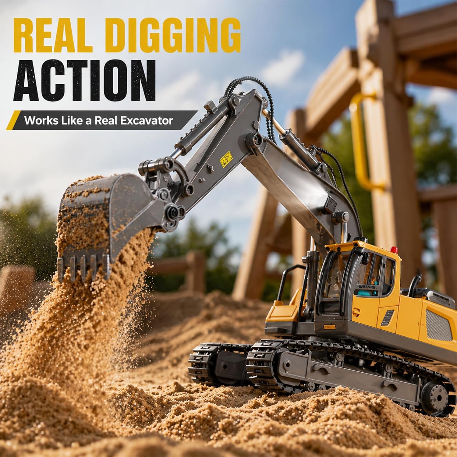 YESHIN Remote Control Excavator Toys, 11 Channel 1:20 Metal RC Construction Truck with 680° Rotation, Lights & Sound, 2 Batteries 120 Min Playtime, STEM Gift for Boys Ages 6+ Birthday Christmas image 2