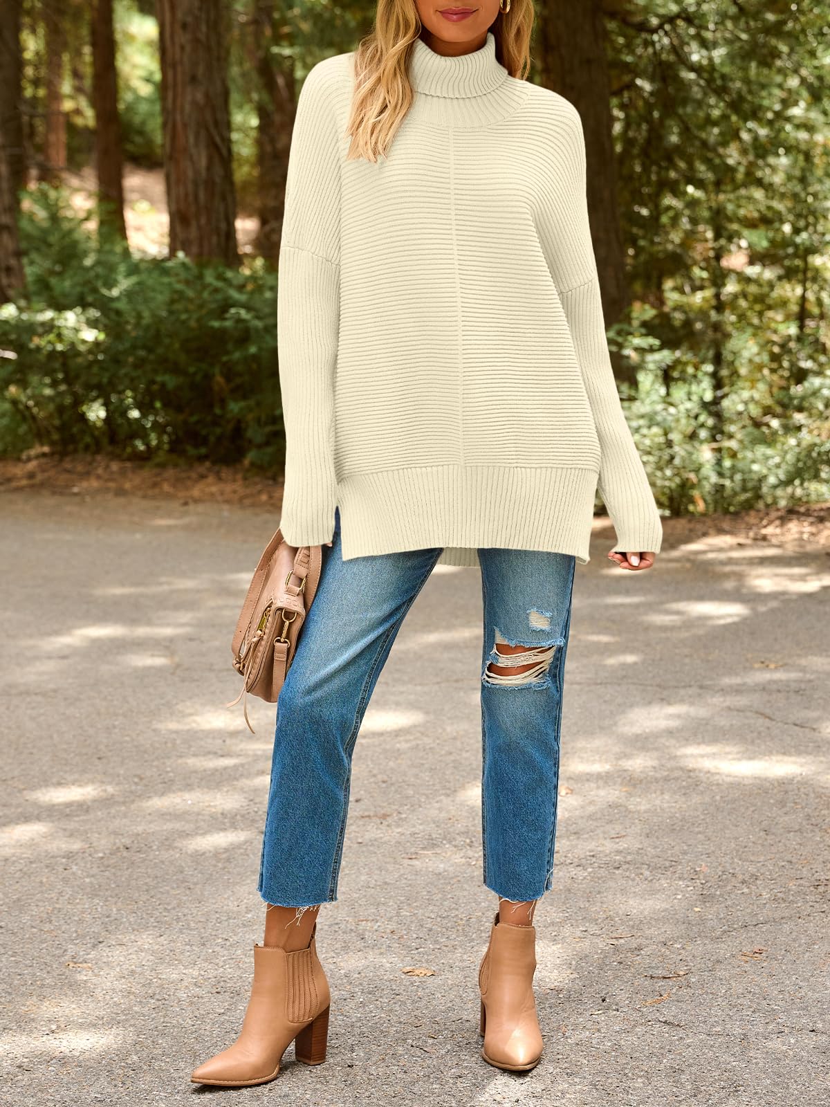 EFAN Women's Turtleneck Oversized Sweaters Fall Outfits Clothes Trendy Long Pullover Knit Winter Tunic 2025 Apricot S
