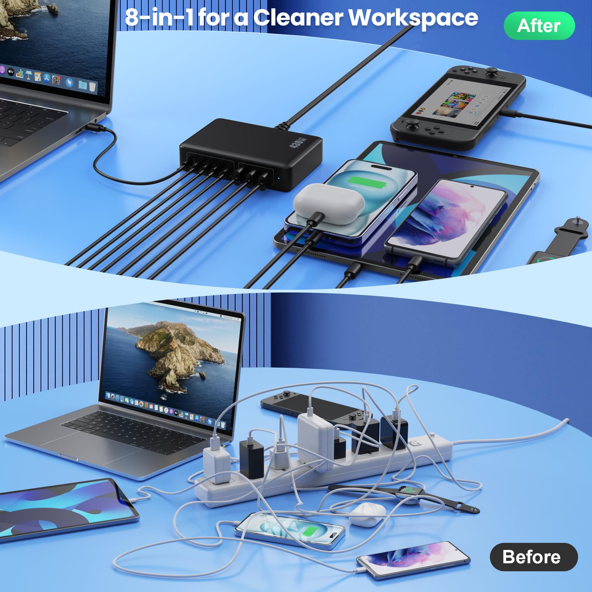 430W Caricatore USB Multiplo,8 Port GaN Ⅳ 100W PD Caricabatterie Multipla PPS QC Alimentatore USB C Stazione di Ricarica Multipresa per MacBook Air/Pro Laptop iPhone iPad Samsung SteamDeck-Nero