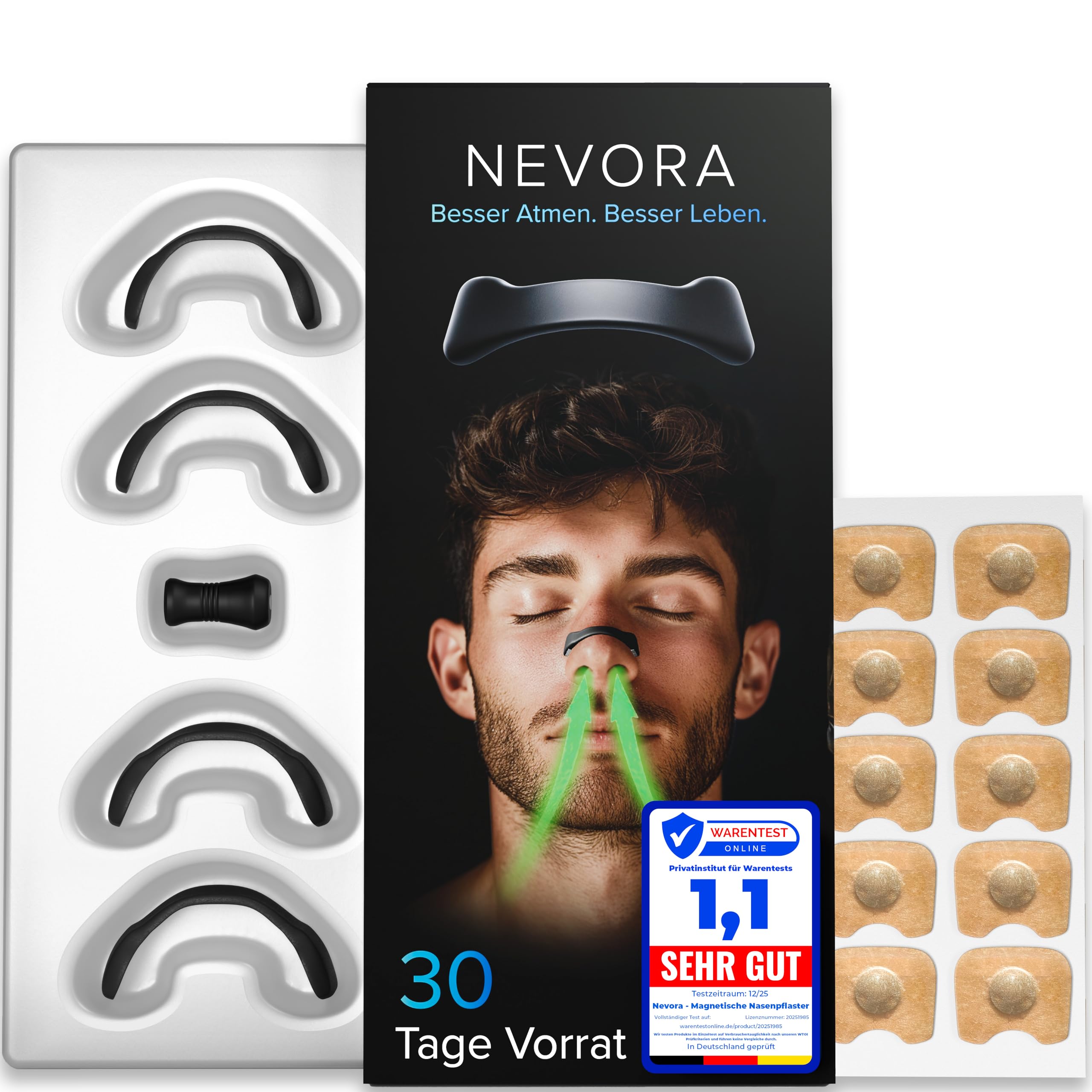 Nevora® Magnetische Nasenklammer | 30 Tage Vorrat | Starker Kleber | Anti-schnarch Nasenpflaster und Alltag | Nasenpflaster Magnet | Nose Strips Schnarchstopper | Nasenstrips Nose Tape (Schwarz)