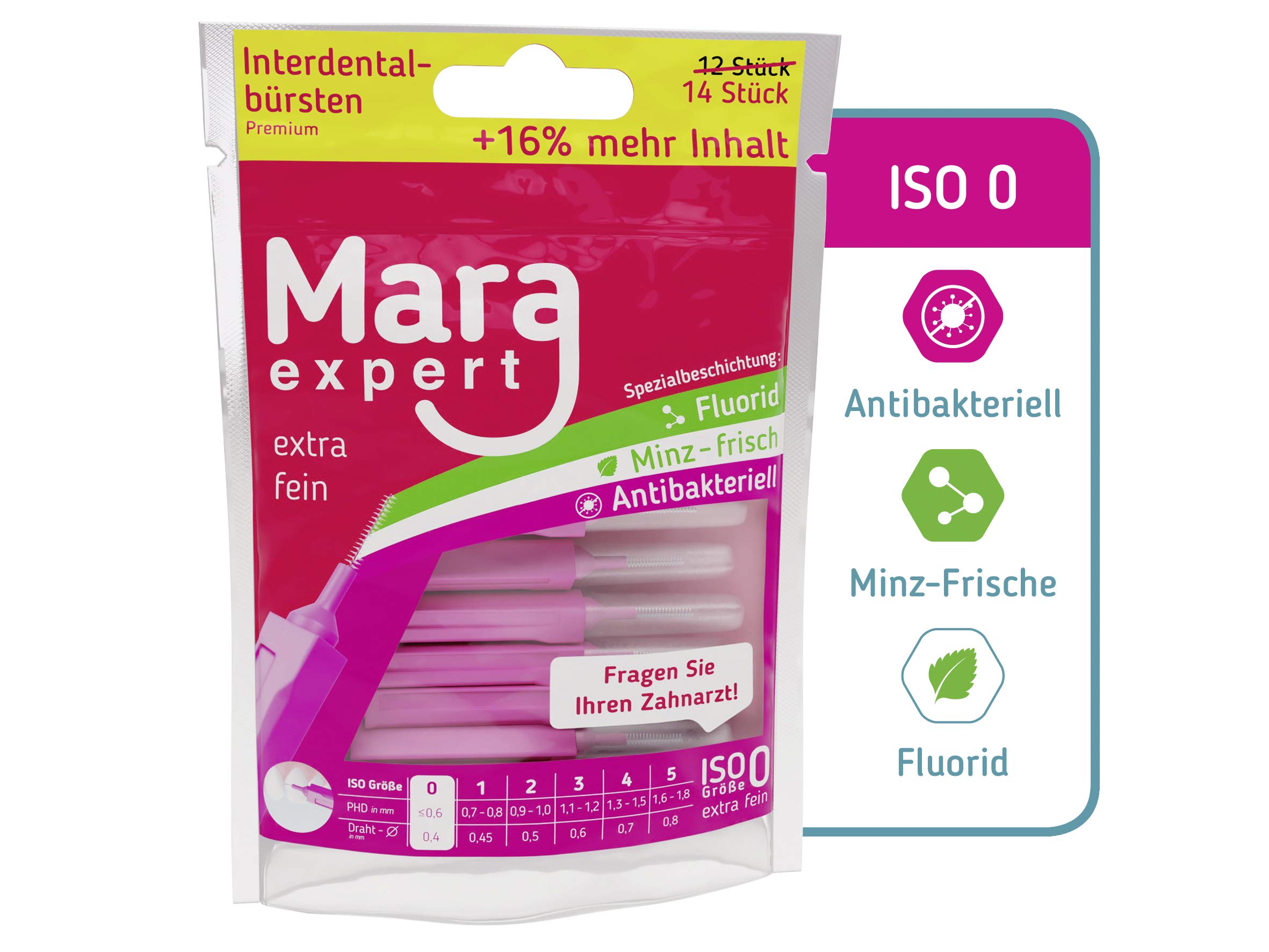 MARA EXPERT szczoteczki międzyzębowe różowe | 0,4 mm ISO 0 ekstra cienkie | 6 x 14 (= 84) szczoteczki międzyzębowe do przestrzeni międzyzębowych | uzupełnienie pielęgnacji zębów