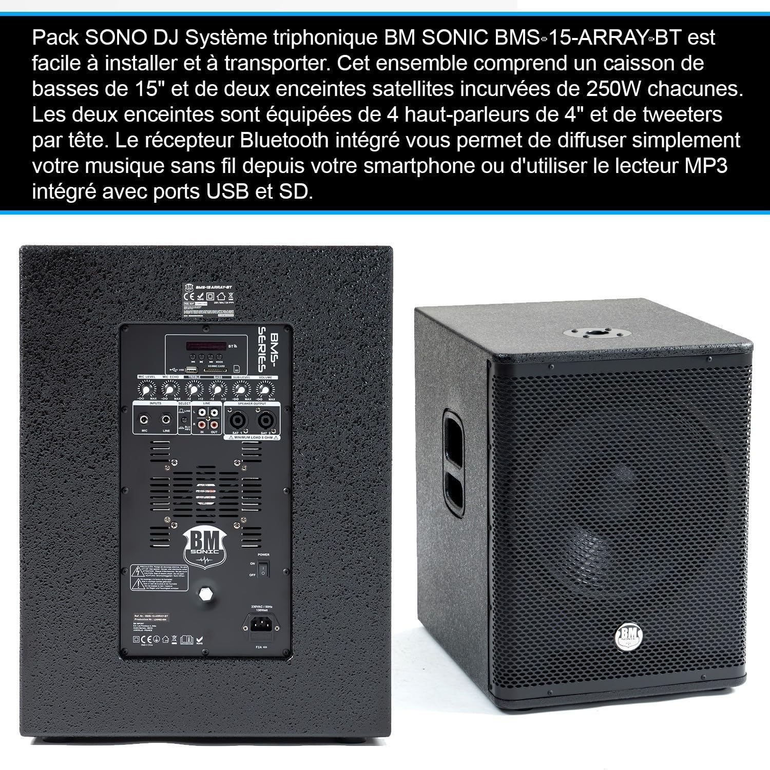 Pack Sonorisation DJ Complet BM Bmsonic BMS-15-ARRAY-BT, 1200W, Caisson 38cm USB/Bluetooth, Supports Câbles+Clé USB 32G