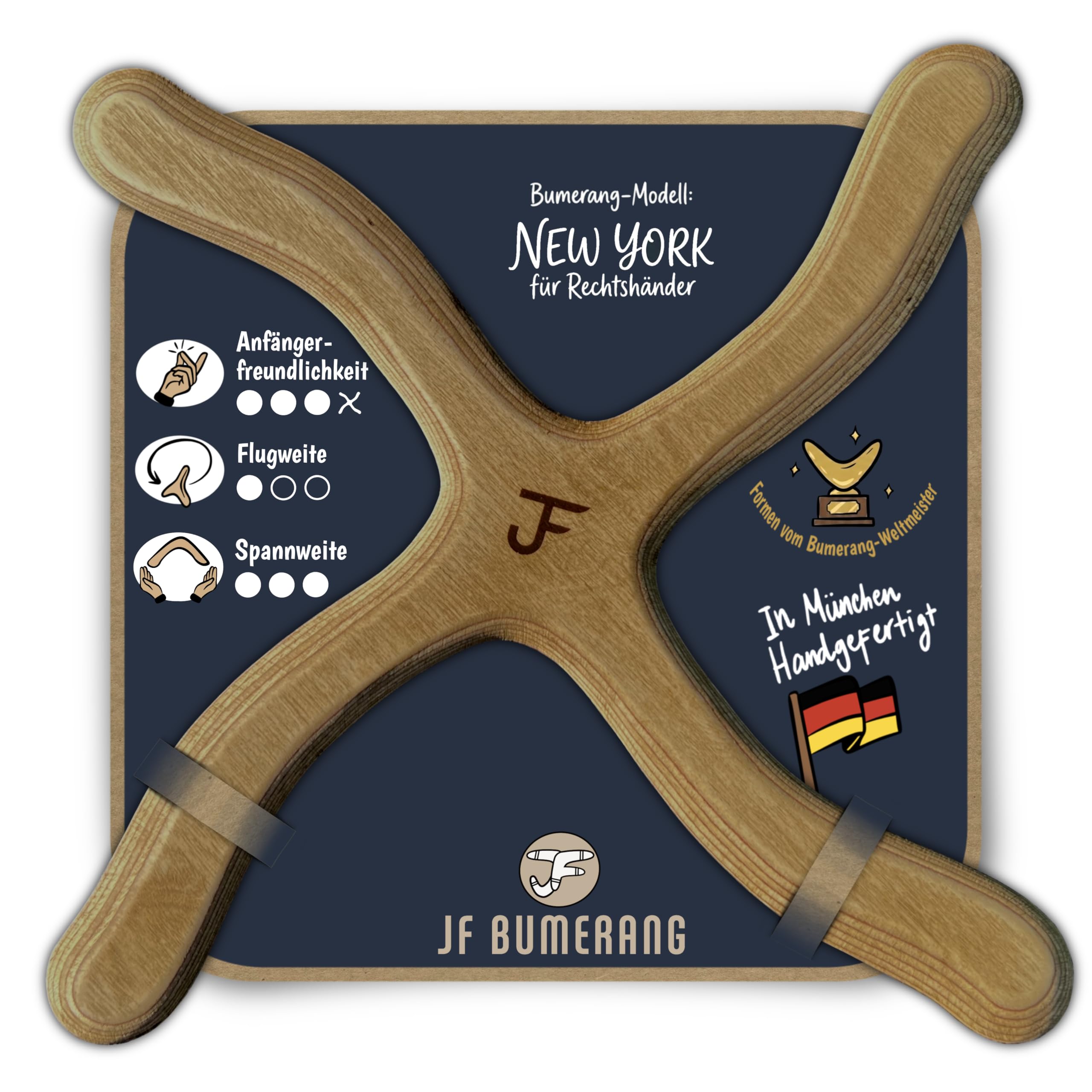 Bumerang New York | Anfänger | Boomerang ab 10 J. | Handgefertigt in DE | Premium Holz | Form vom Weltmeister | Verf. als Rechts- und Linkshänder