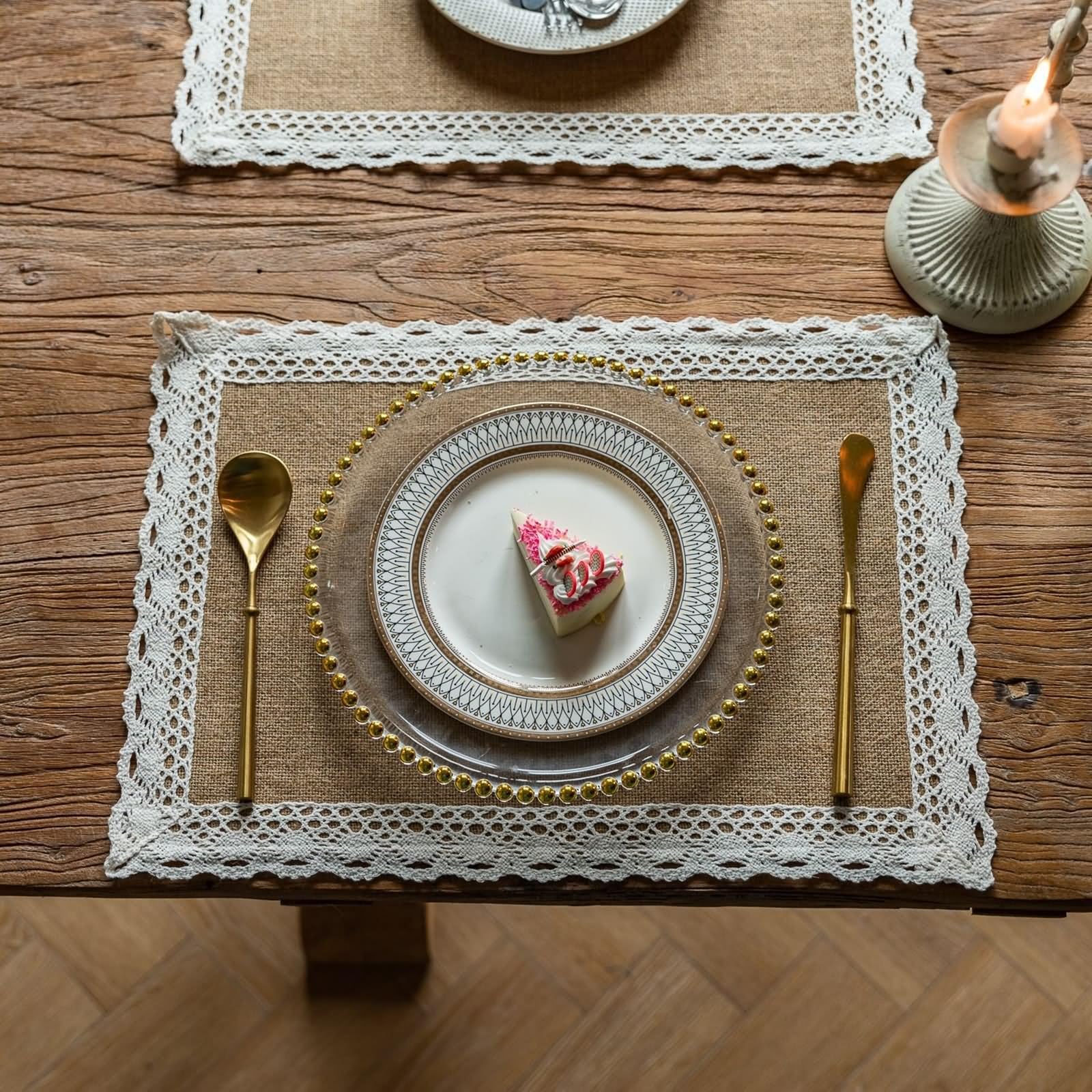 Tischsets Stoff Linum 6er Set, Platzsets Esstisch 30x45cm Einfarbige Blumenspitze Braun Beige