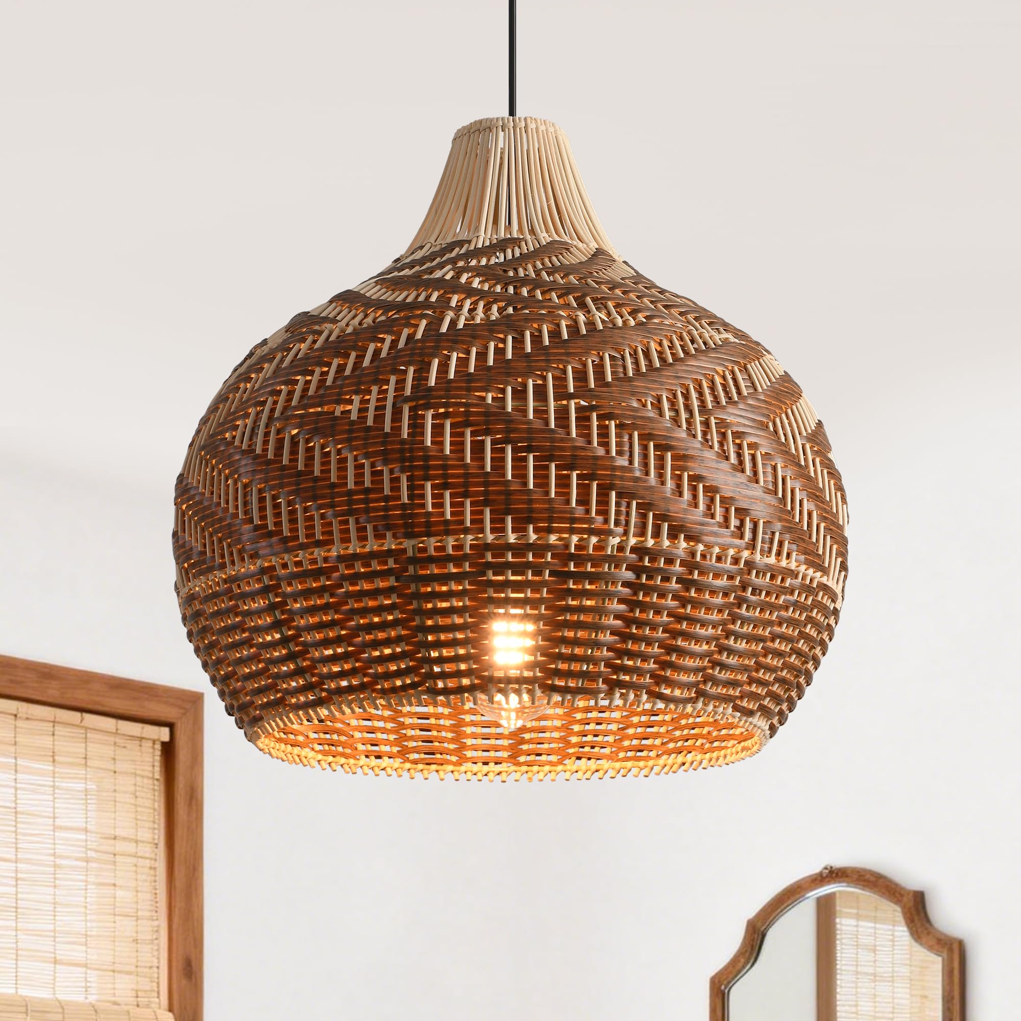 Parrot Uncle Rattan Pendant Light,48cm Bamboo Pendant Light,Rattan & Film Ceiling Light Shades Adjustable Height E27 Socket for Living Room Restaurant Cafe (Bulb Not Included) [Energy Class G]