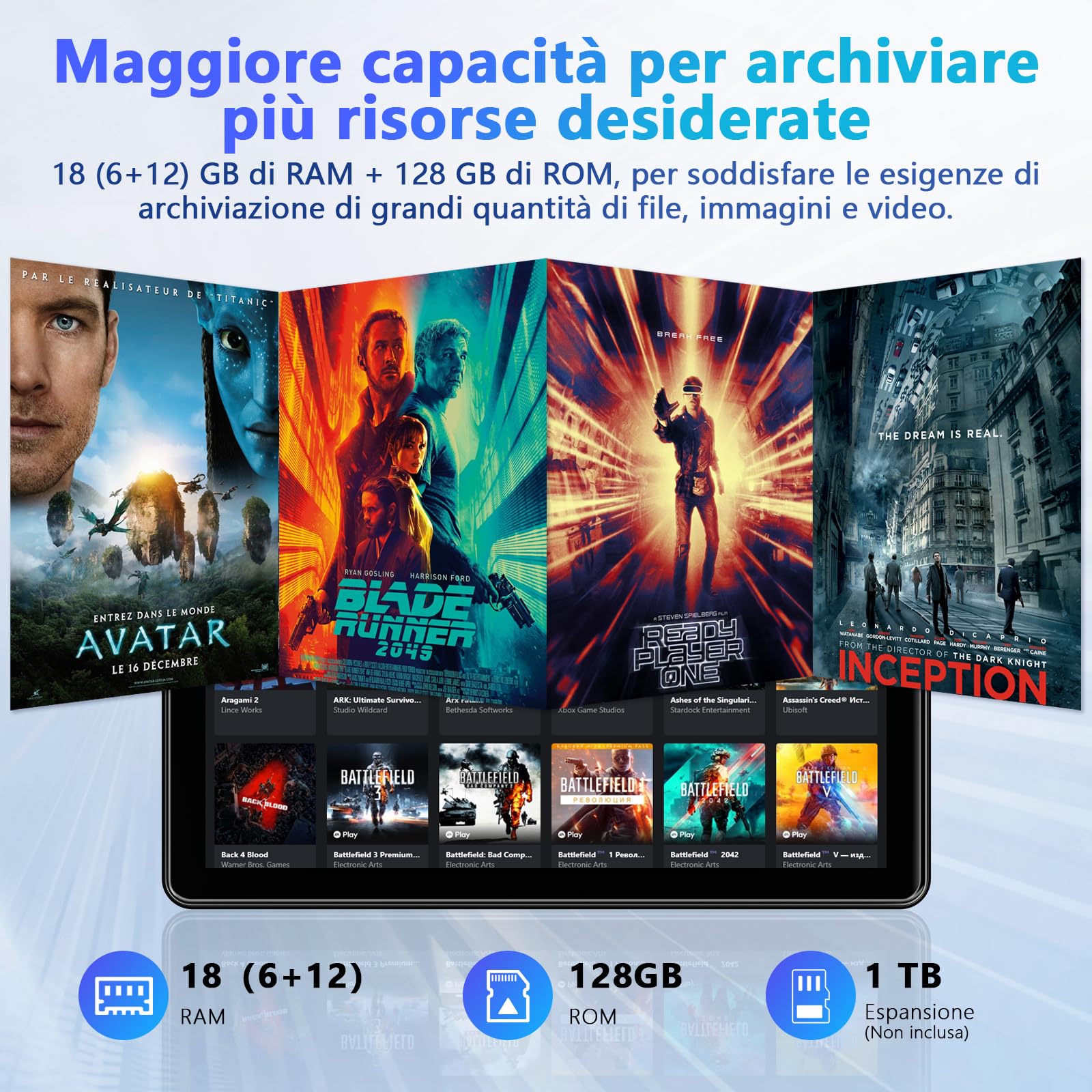 Raemond Android 15 compresse da 10 pollici,18GB RAM 128GB ROM, 1280 x 800 IPS HD，Widevine L1,Octa-Core, 1TB espandibile, WiFi 6, BT5.4, T30 CPU, doppia Camera 5MP+8MP, 6000 mAh, GPS (Nero)