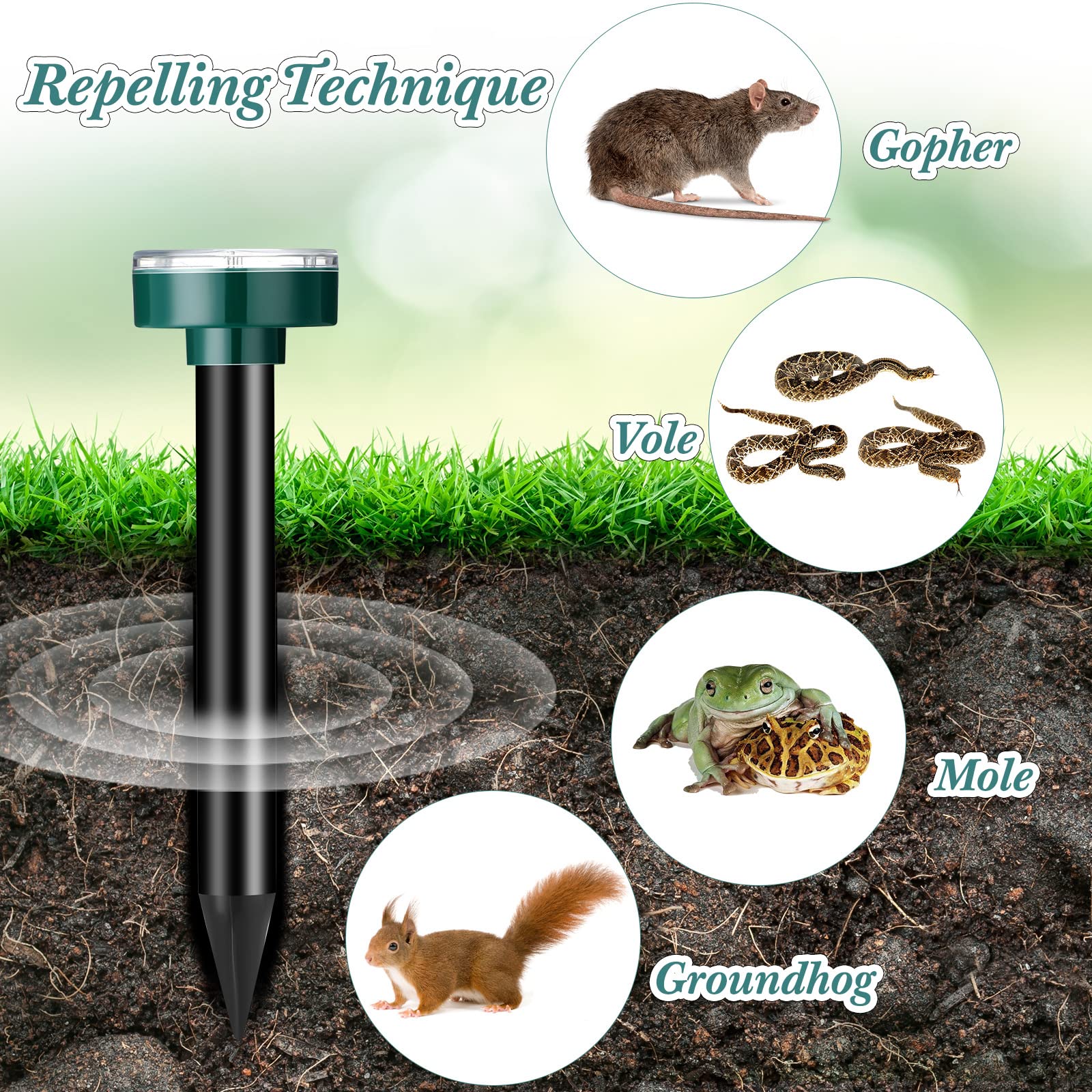 Repellente per talpe ad ultrasuoni, ad energia solare, per esterni, per prato, giardino, serpenti, talpe, marmotte, arvicole e altri topi scavatori, rotondo (6)