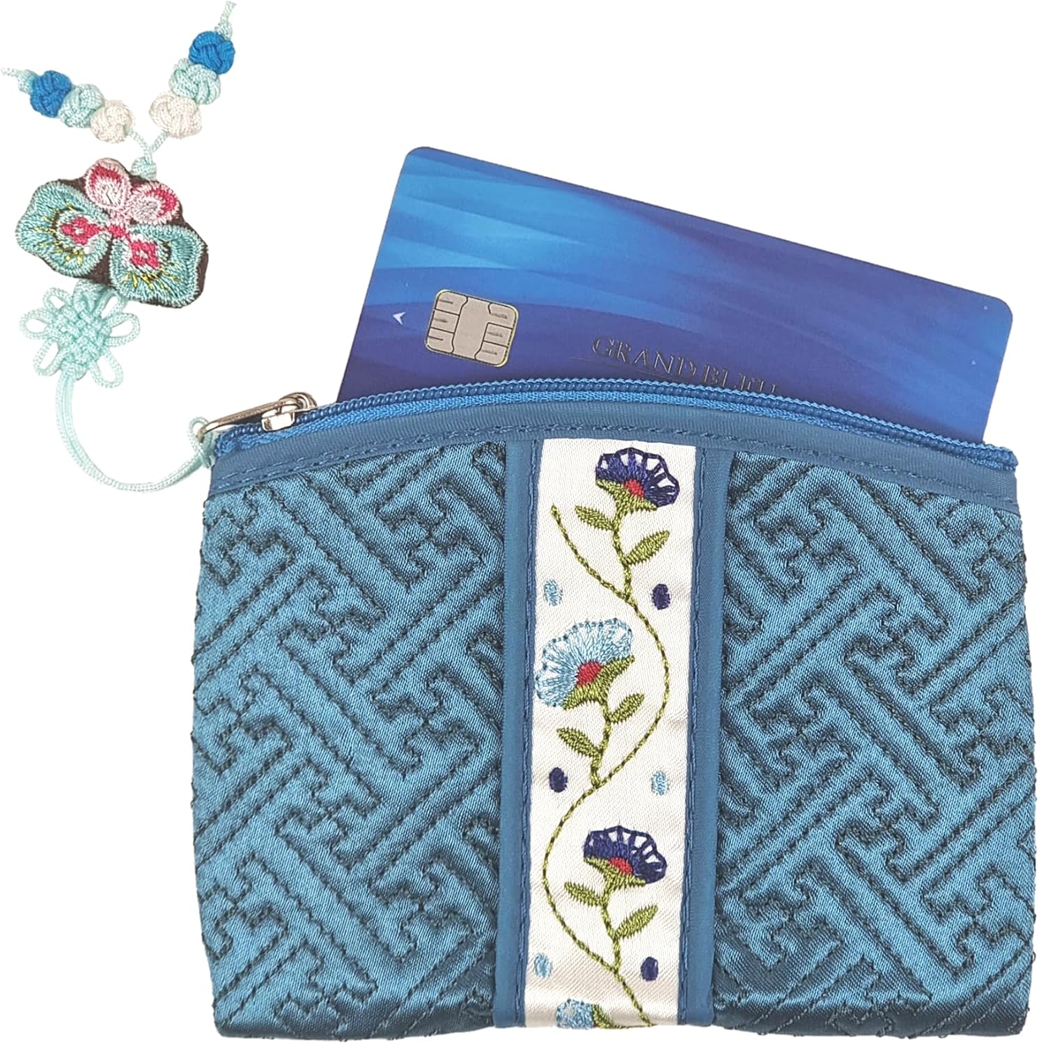 Seoulful Vintage Korean Embroidered Card Pouch - Wildflower Design Coin Purse with Butterfly Charm - Traditional Korean New Year's Gifts (Red)